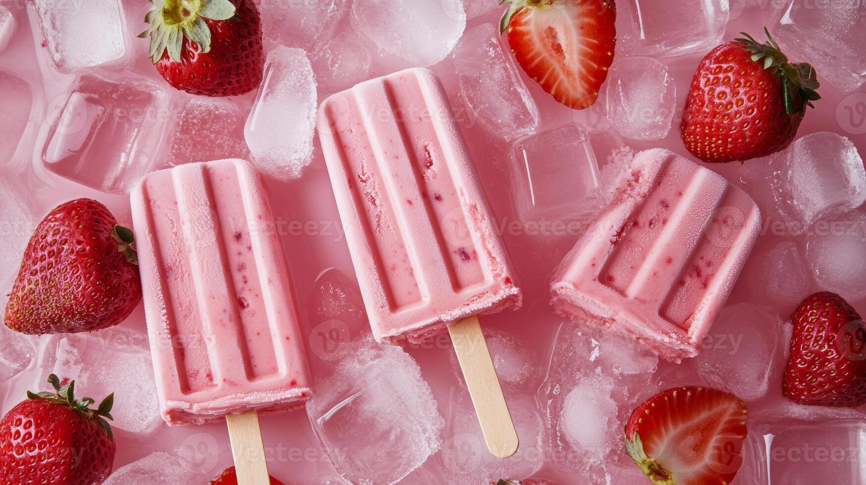 Refreshing strawberry popsicles on ice with fresh strawberries in a vibrant summer setting photo