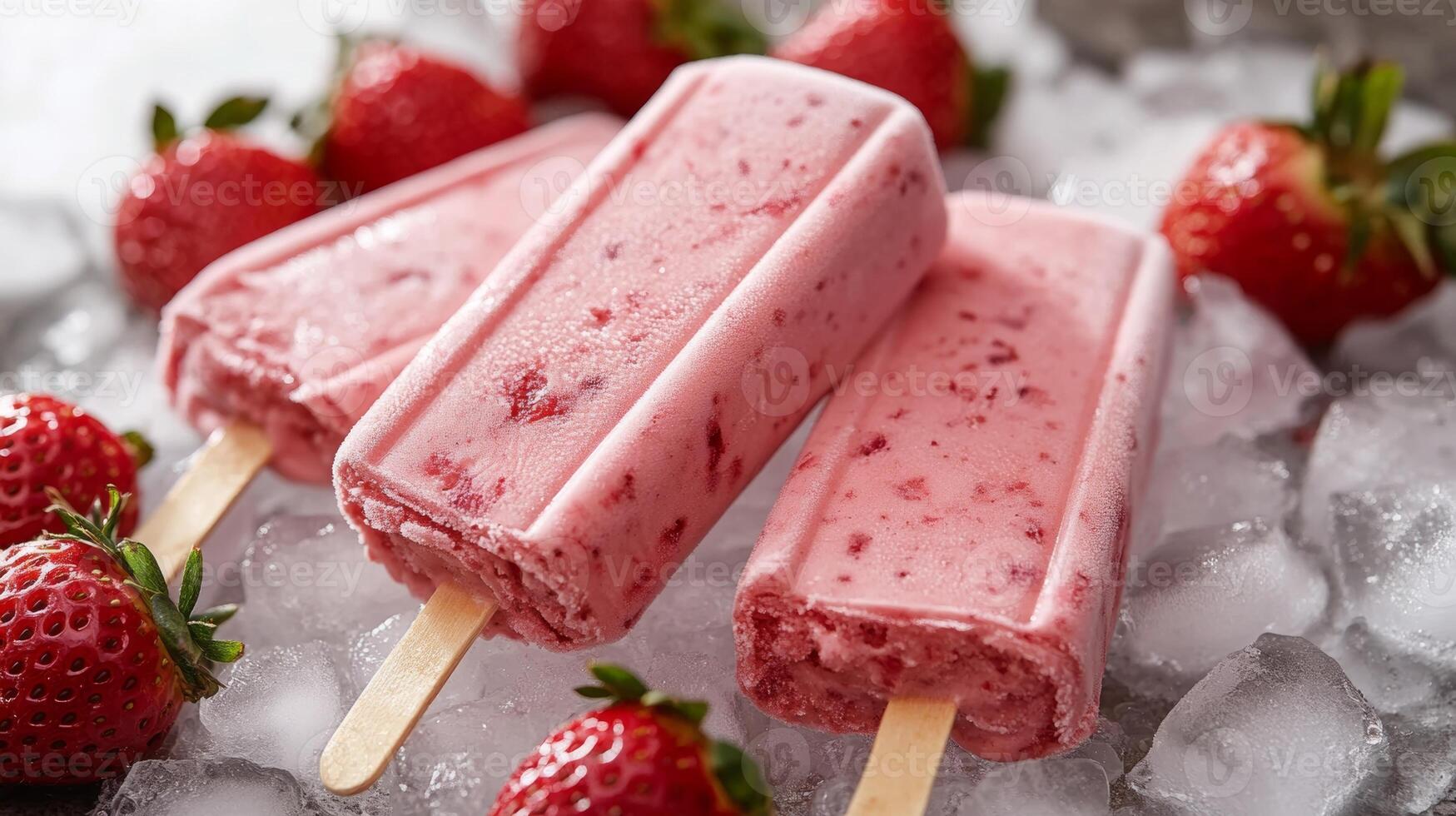 Delicious strawberry popsicles on ice with fresh strawberries ready to enjoy on a warm day photo