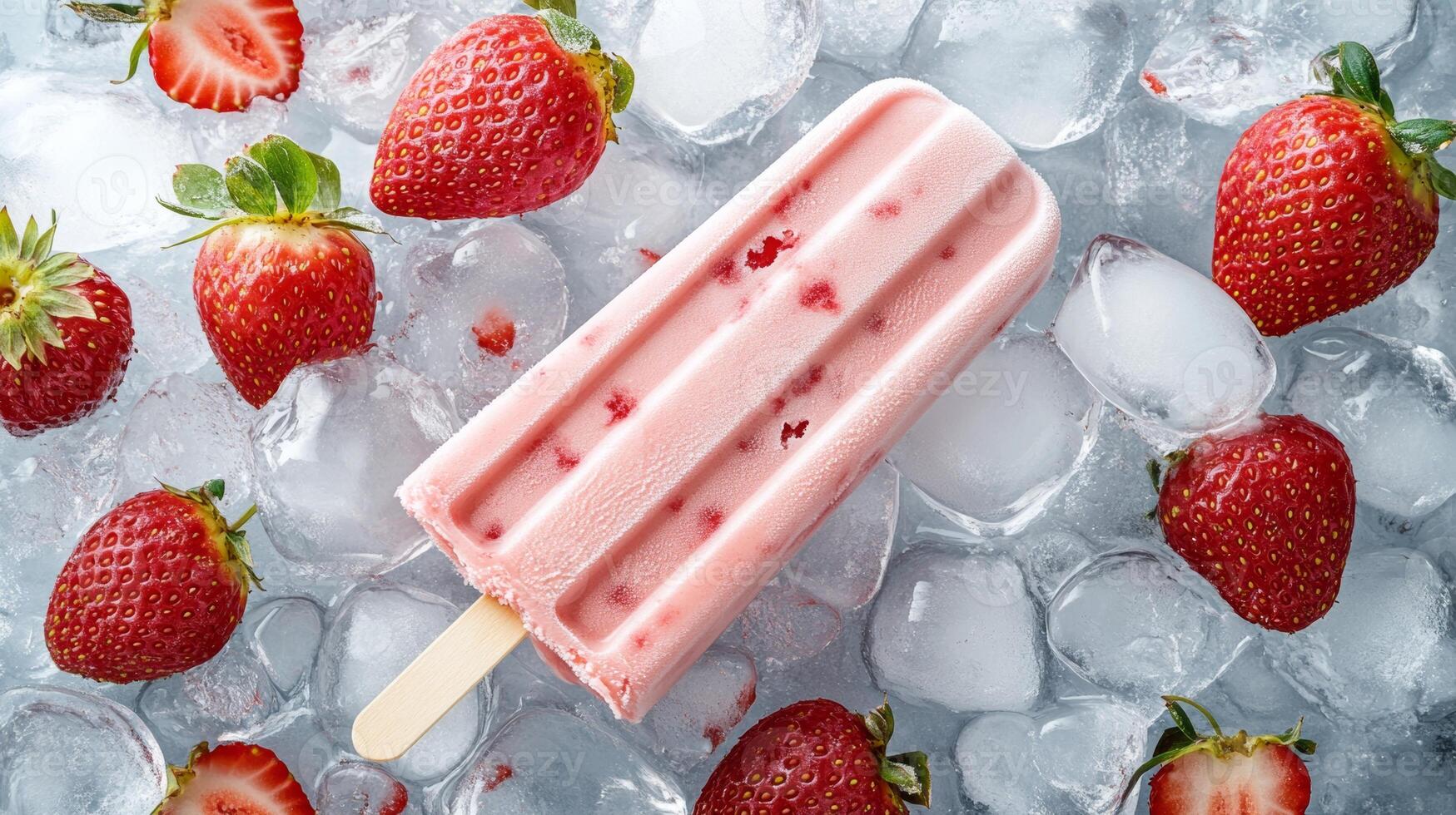 Delicious strawberry popsicle placed among fresh strawberries and ice cubes in a bright setting photo