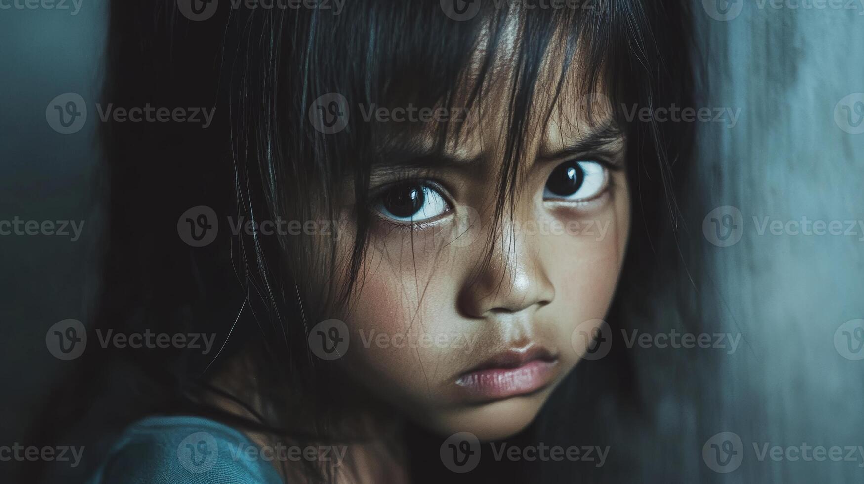 Expression of loneliness in a young girl captured in a dimly lit room during evening hours photo