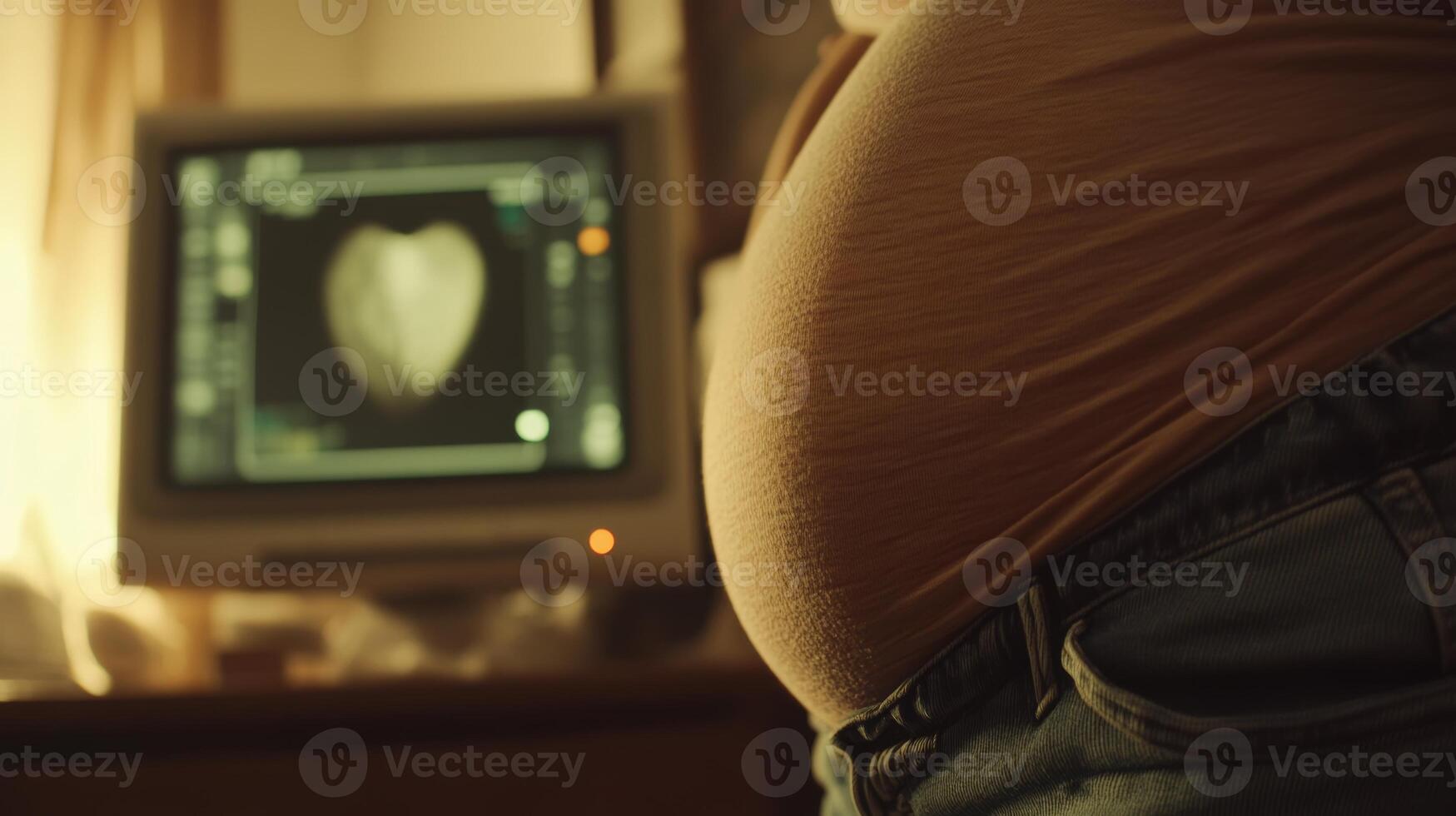 Expecting parents observe ultrasound revealing baby heart beating in cozy clinic setting photo