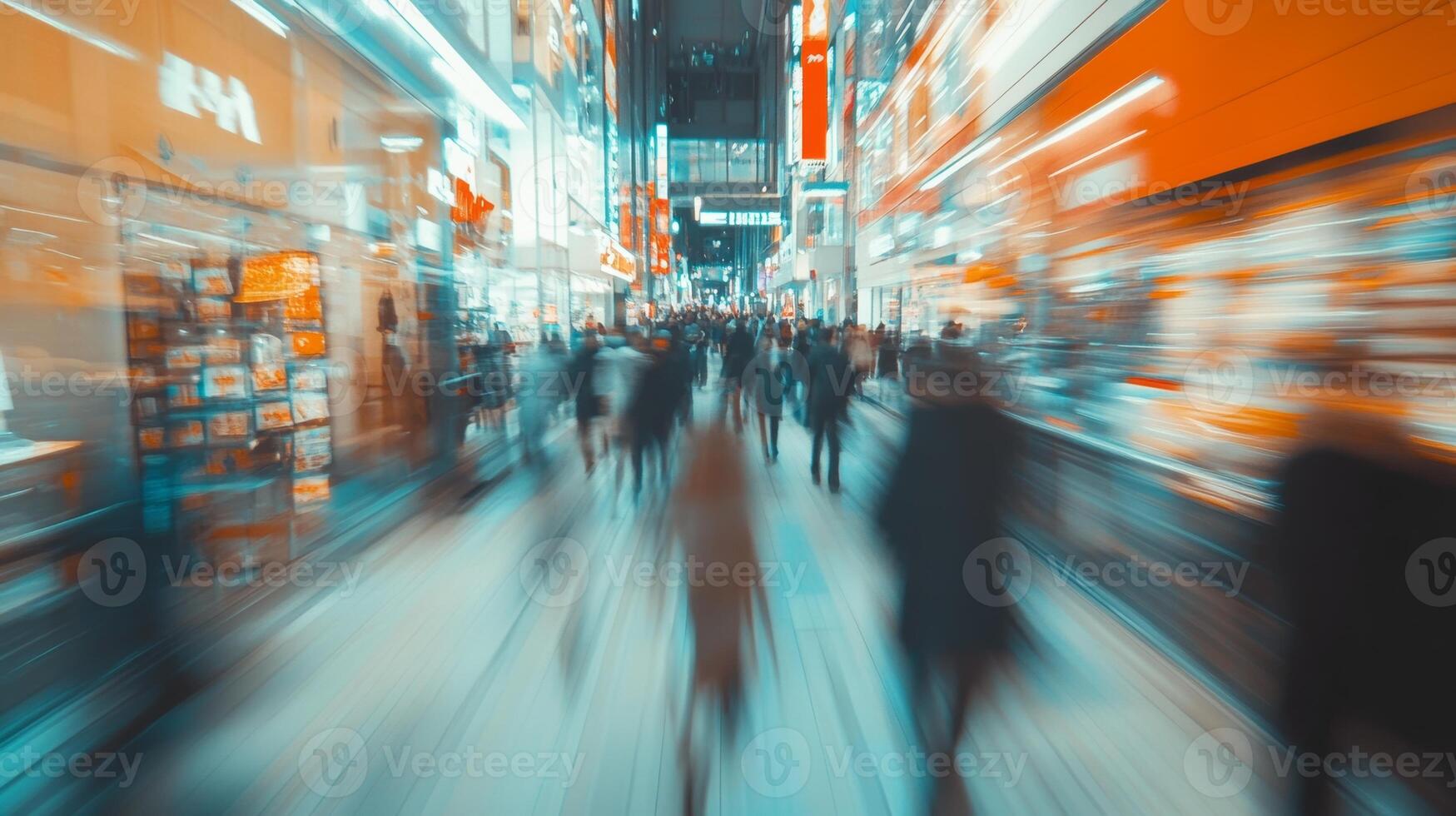 Busy urban street in Tokyo during nighttime with vibrant lights and crowds of people in motion photo
