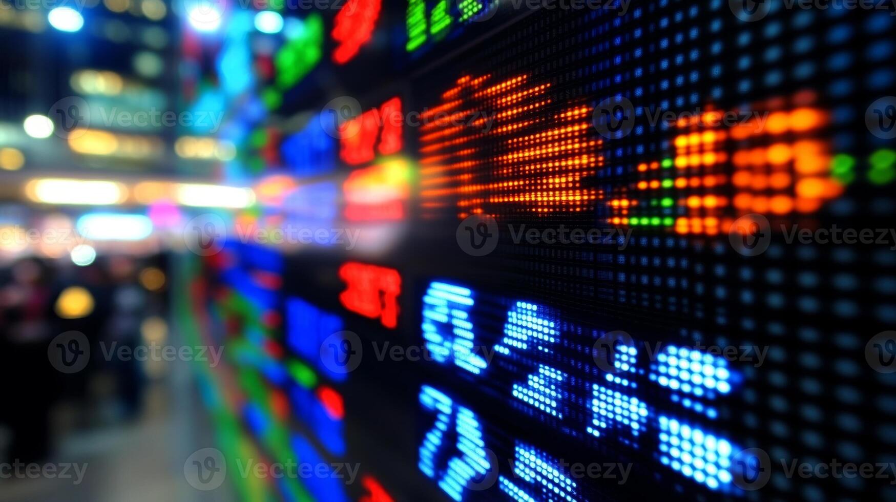 Stock market display shows financial data and trading activity in a busy financial district during early evening hours photo