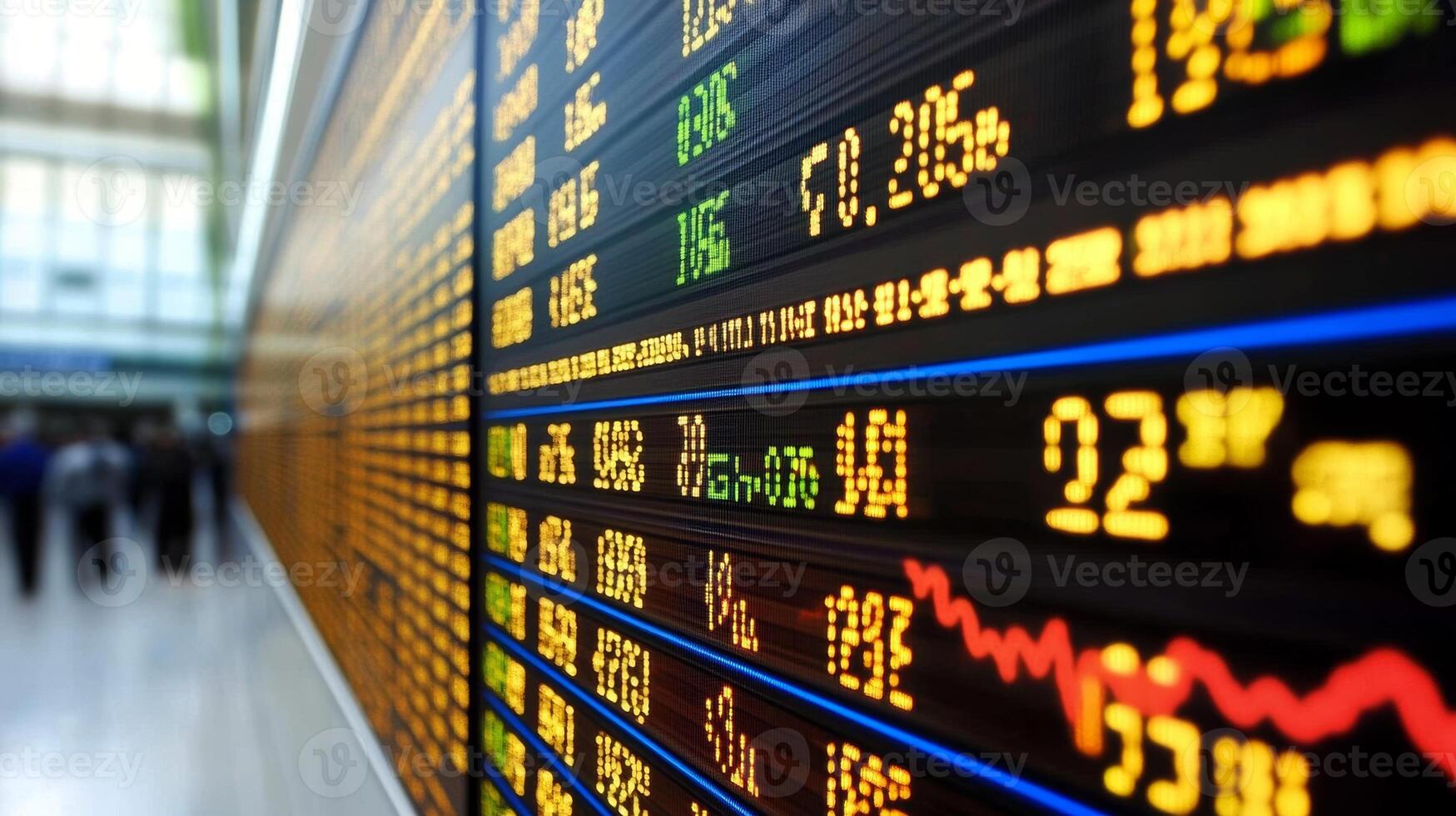 Digital stock market display showing fluctuating prices and market trends in a busy financial district photo
