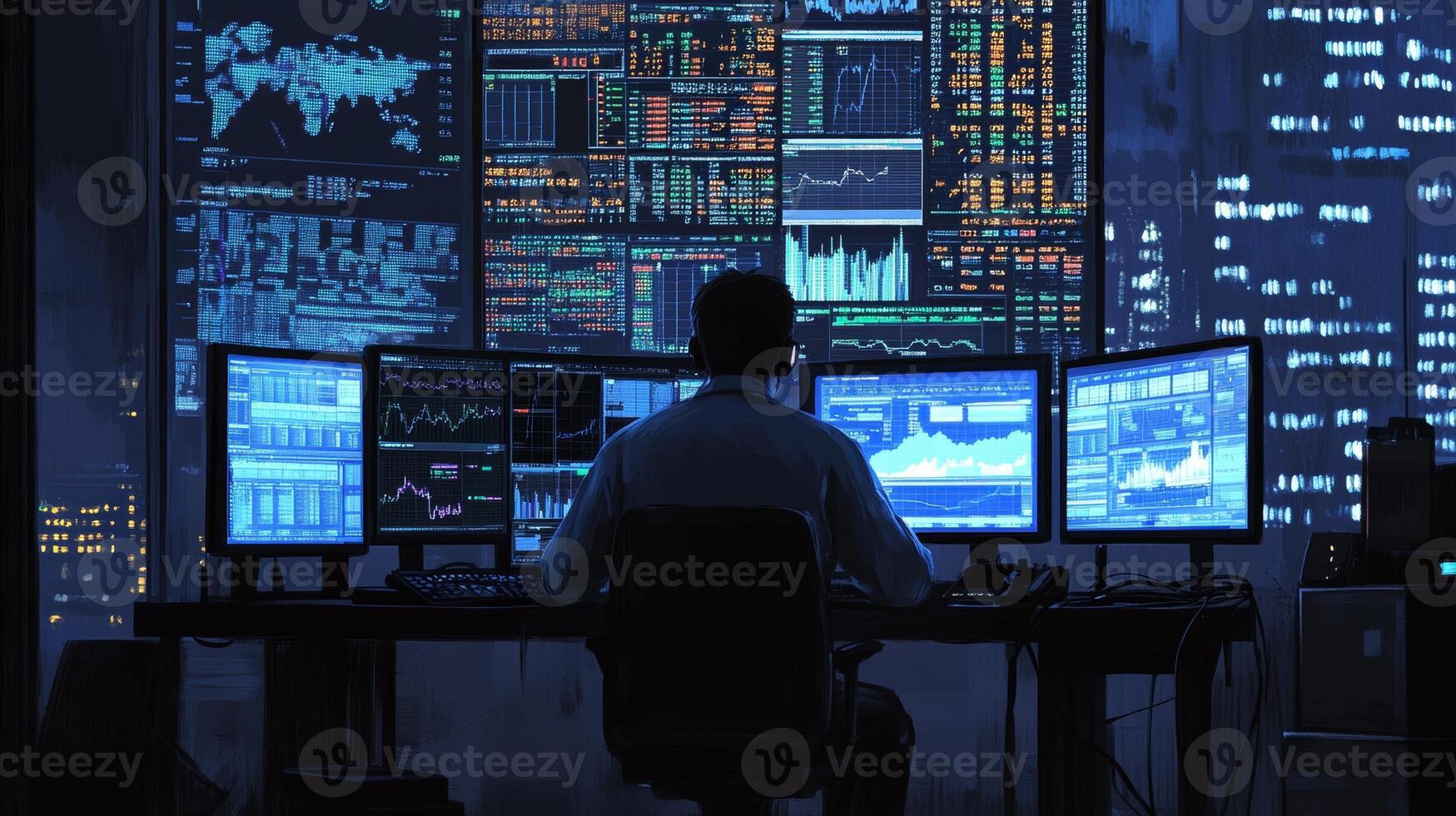 Trader analyzing financial data on multiple screens in a modern office setting at night photo