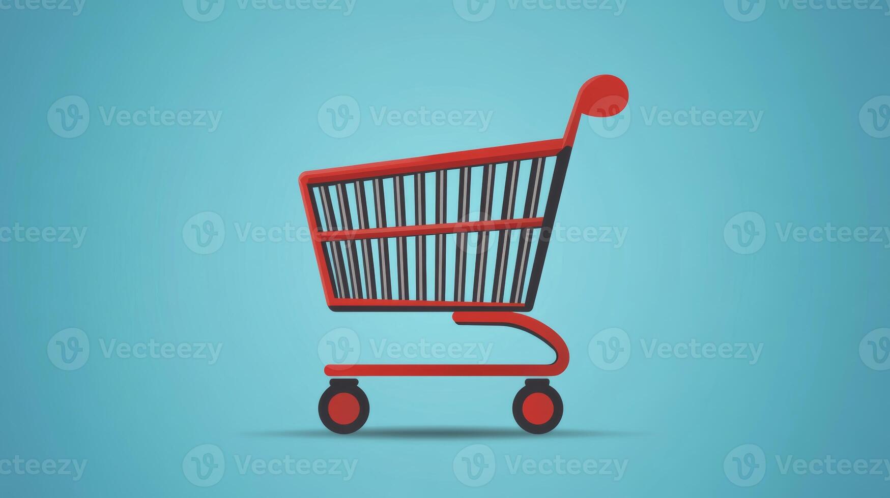 Red shopping cart with a minimalist design on a vibrant blue background representing retail and consumerism photo
