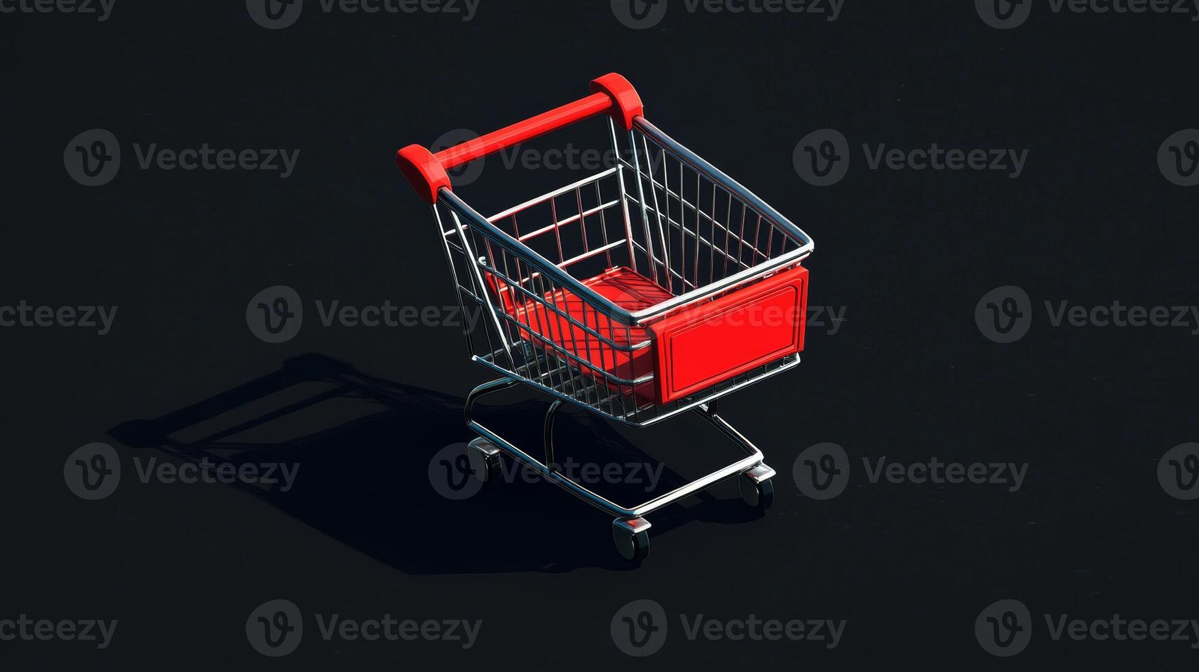 Shopping cart on a dark background with a minimalist design featuring red details and shadows photo