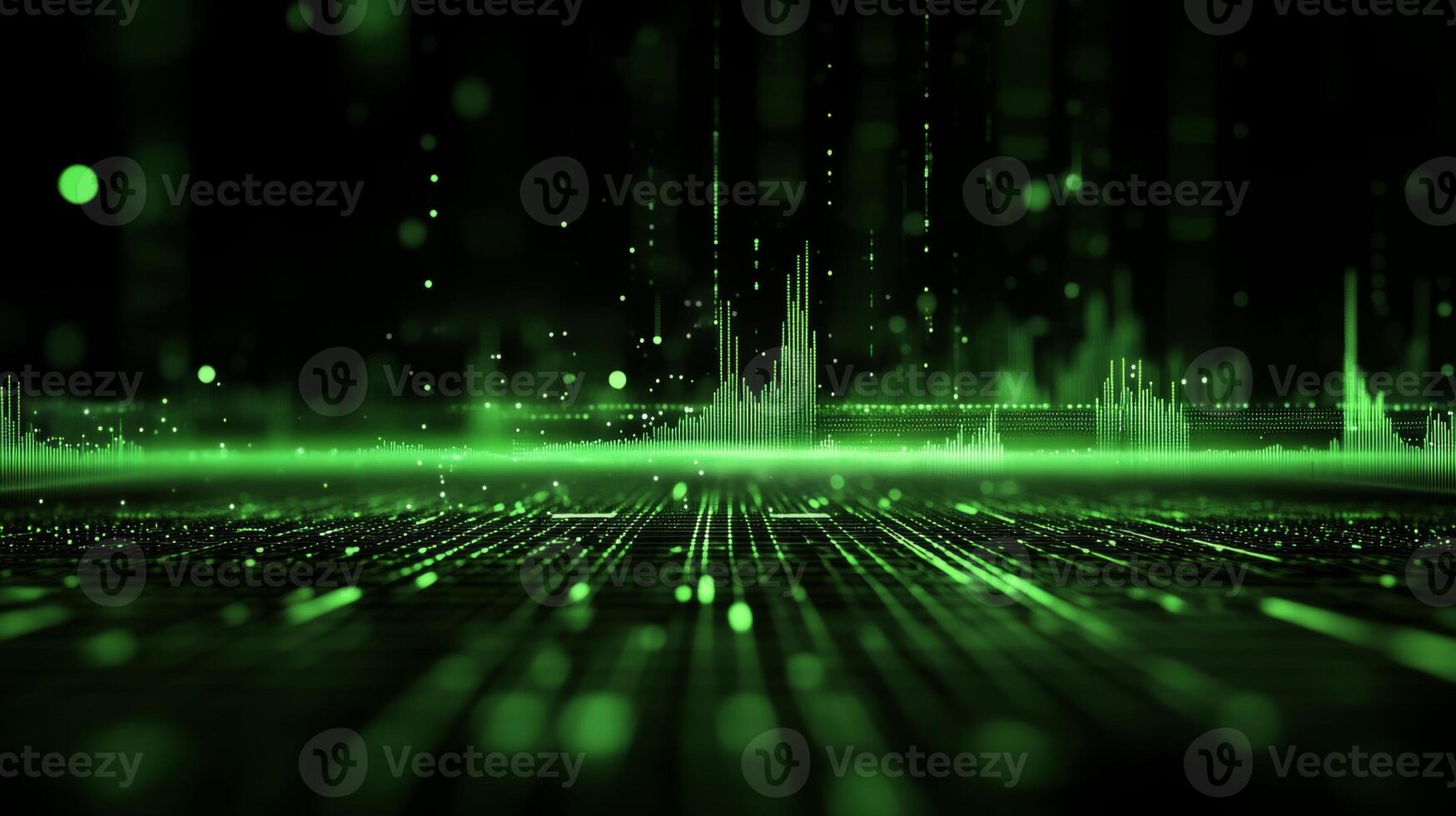 Futuristic neon green visual representation of sound waves in a digital landscape photo