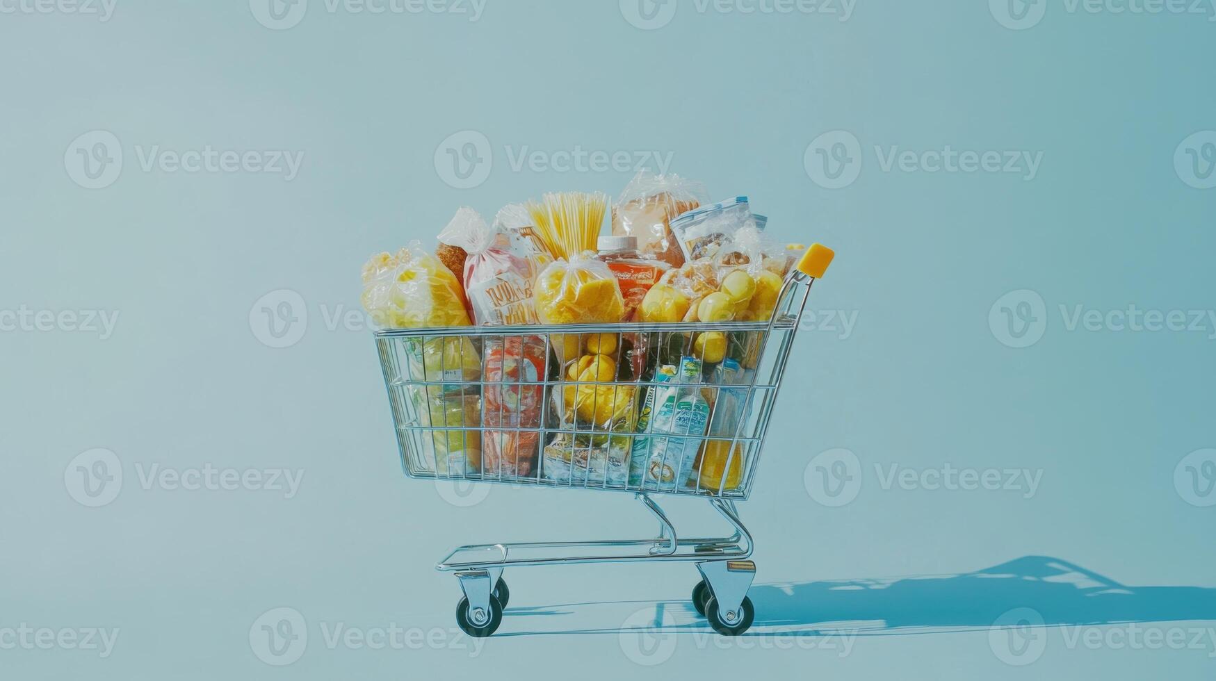 Grocery cart filled with fresh produce, packaged goods, and beverages against a light blue background photo