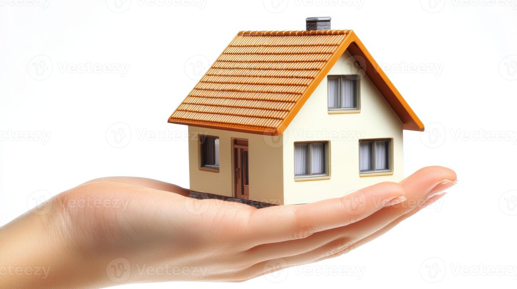 Model house held by a hand representing home ownership concept and dreams of a new beginning photo