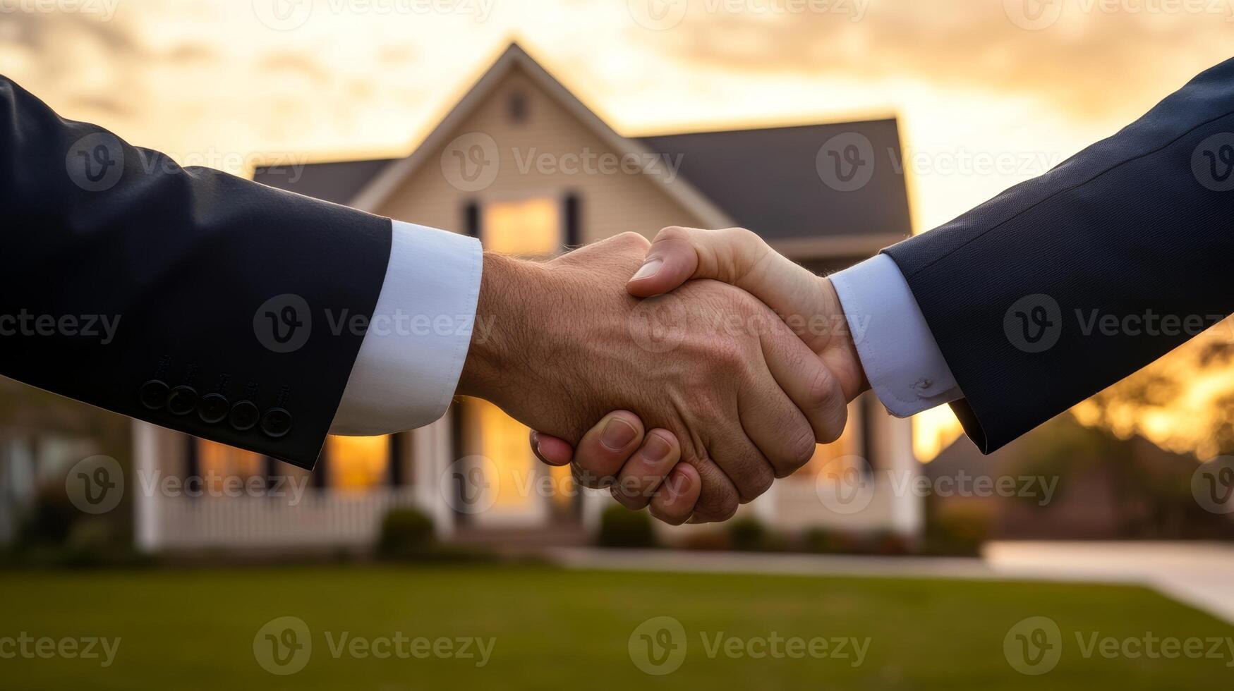 Business agreement takes place in front of a charming home during a warm golden hour photo