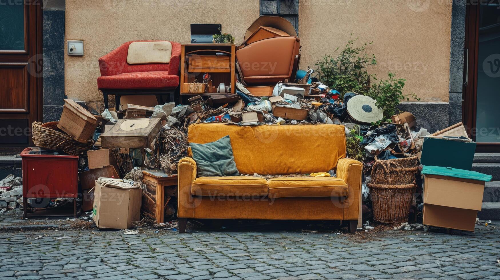 Abandoned furniture and clutter on a city street create an eyesore in the urban landscape during daylight hours photo