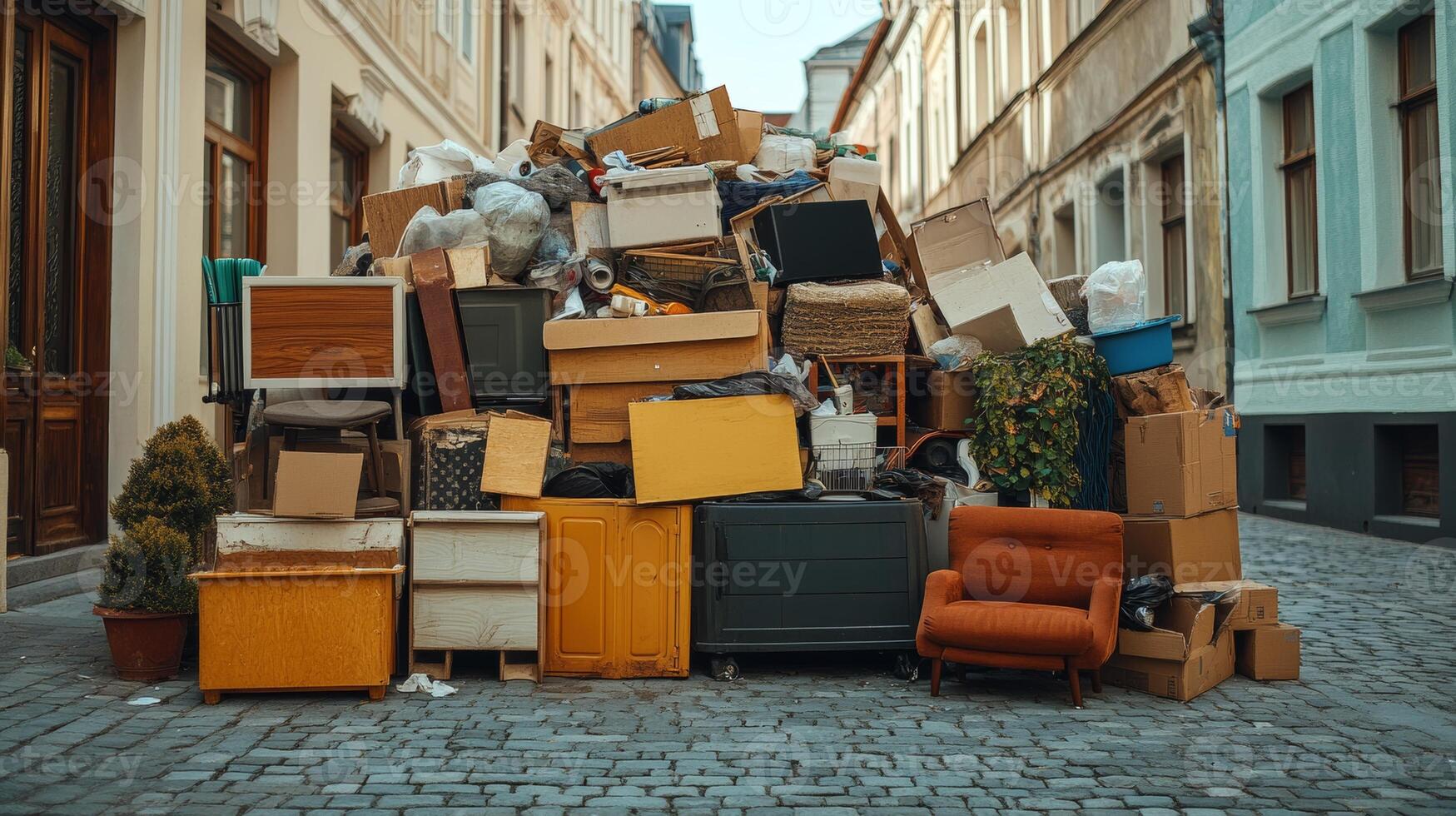 Community cleanup effort reveals large pile of discarded furniture and waste in city alleyway during daytime photo