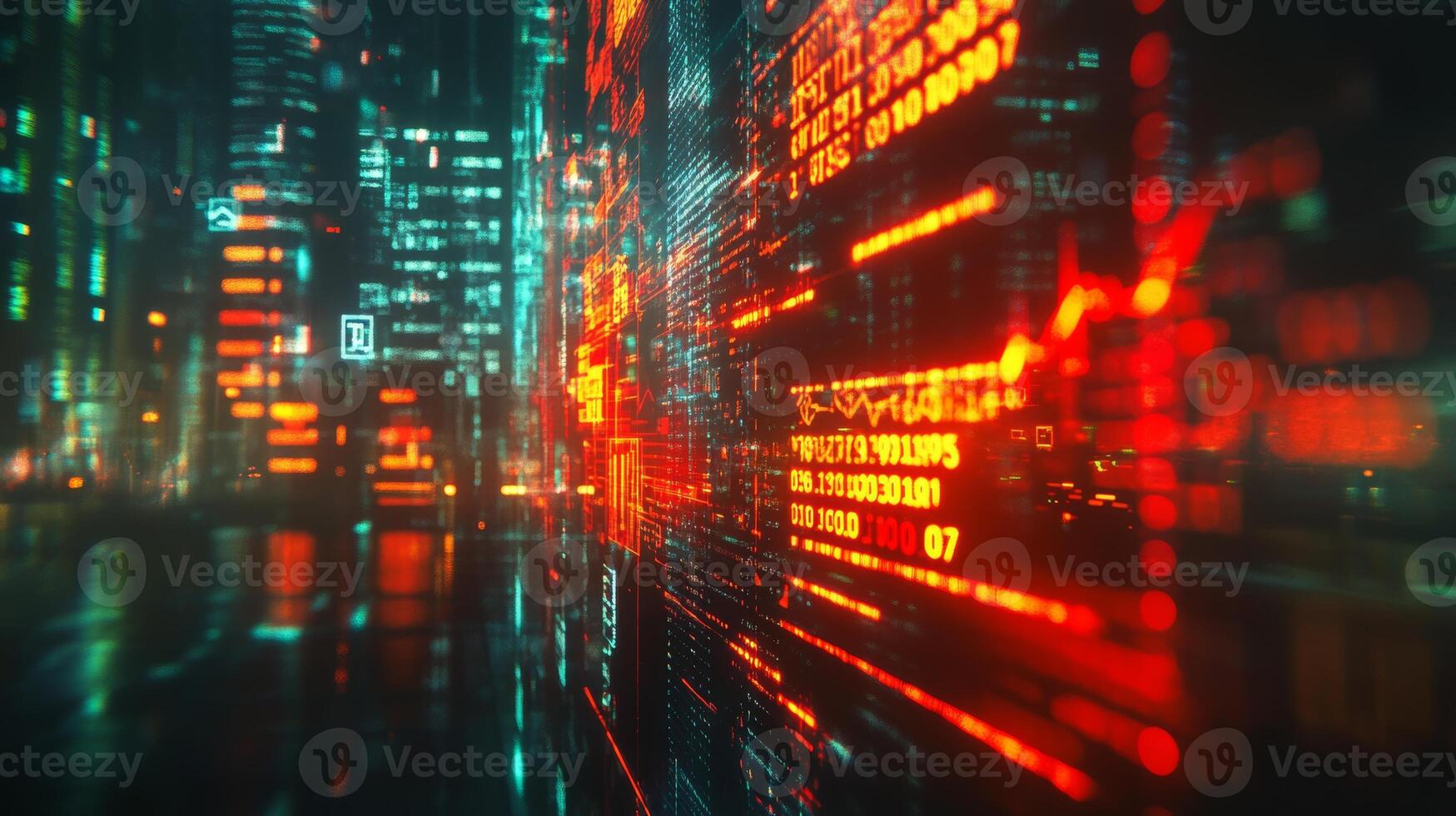 Vibrant digital cityscape showcasing data flow and futuristic architecture at night photo