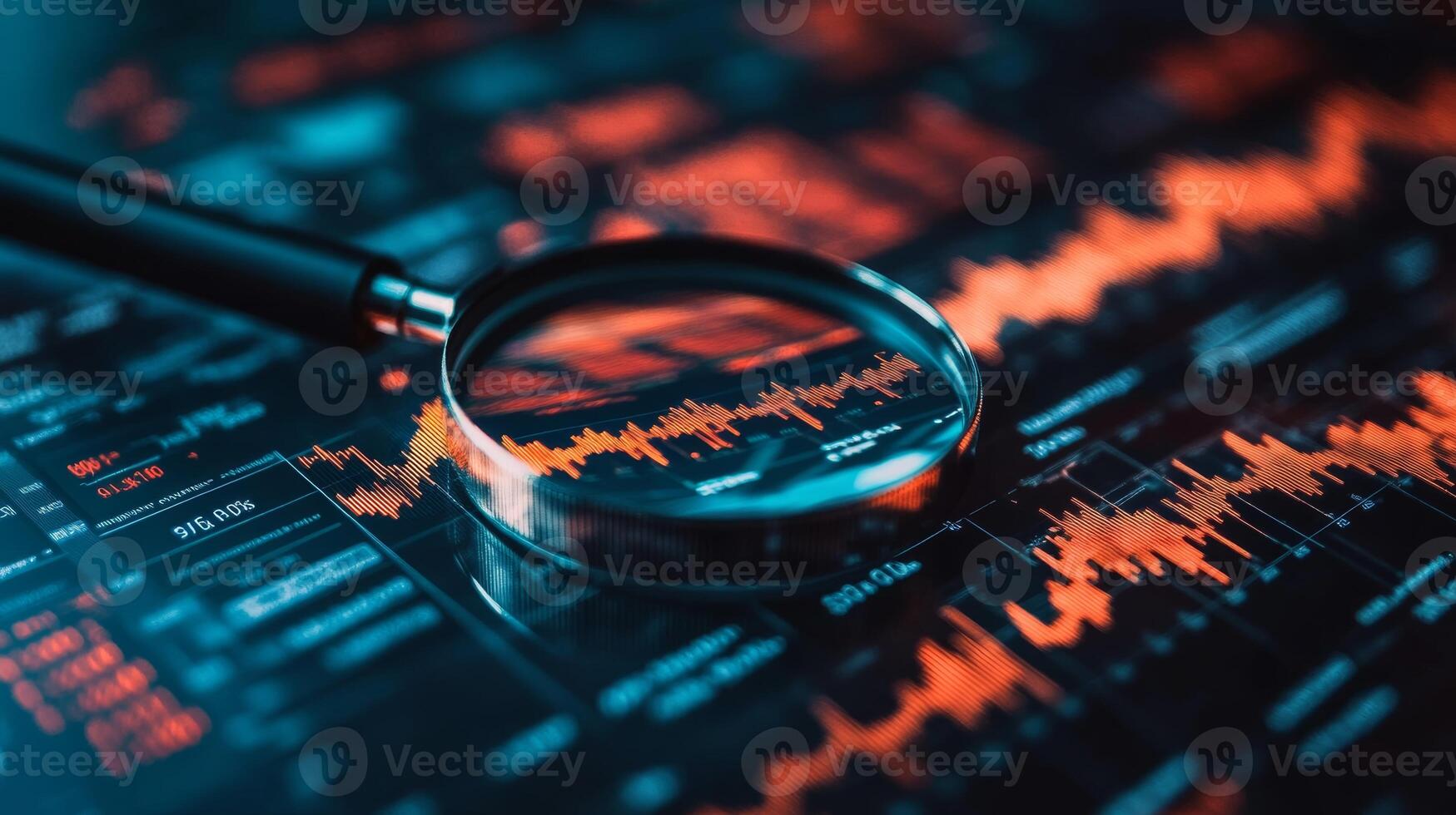 Analyzing stock market trends with a magnifying glass on financial data charts and graphs photo
