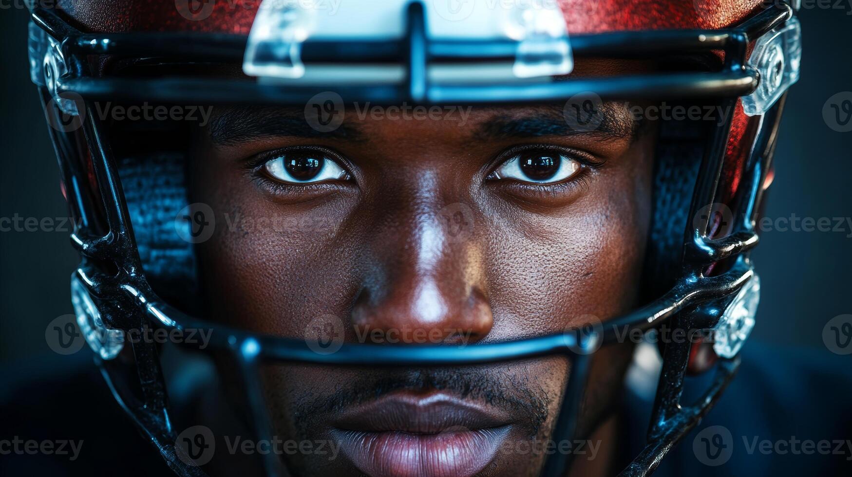 Intense focus of a football player preparing for an upcoming game in a dimly lit locker room photo