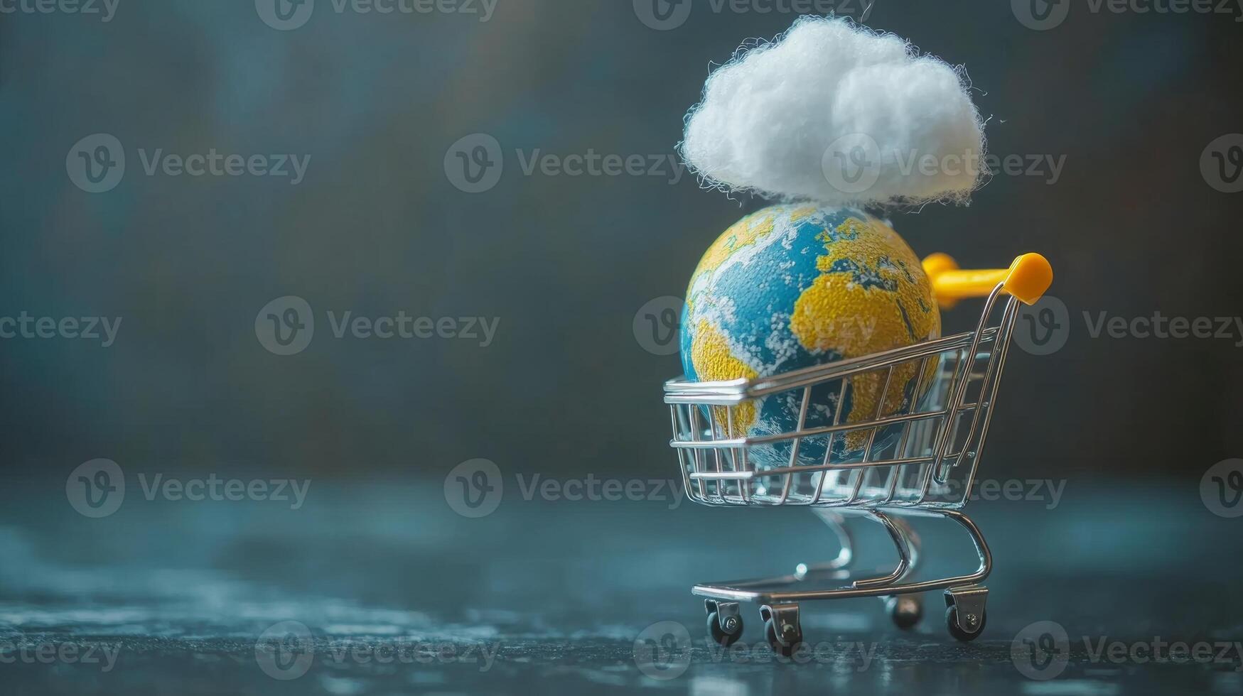 Global shopping concept with a miniature earth in a cart and a fluffy cloud above during a creative still life session photo