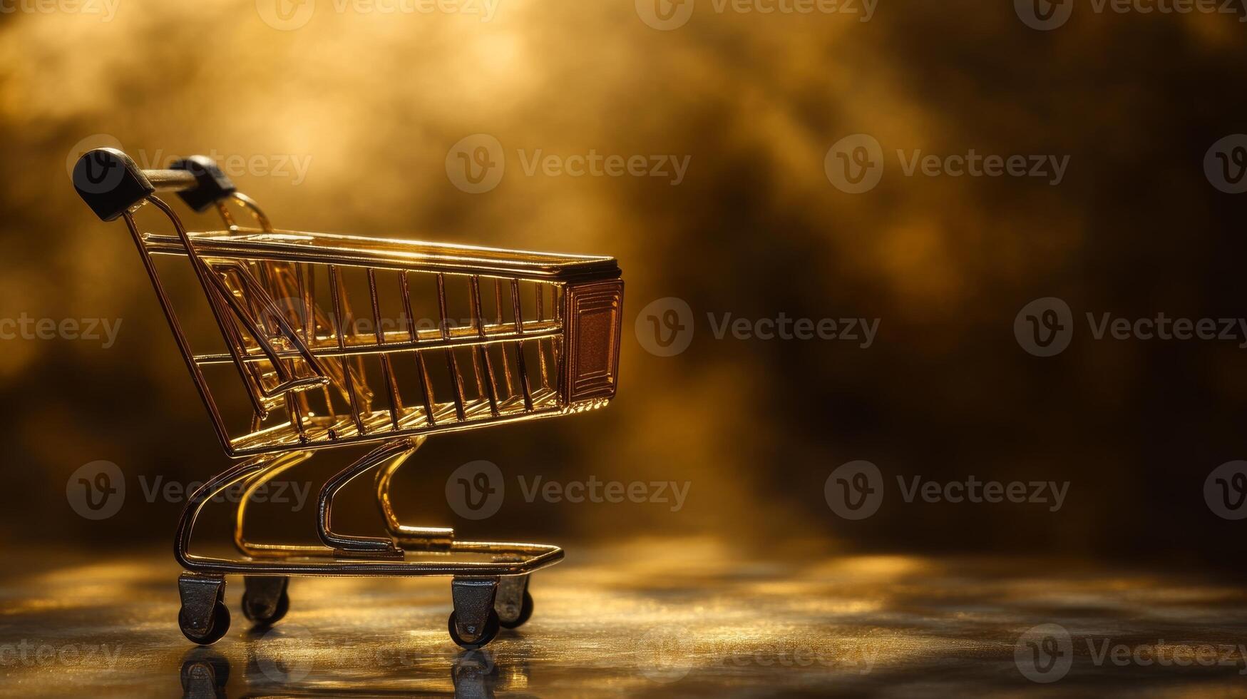 Shopping cart illuminated by warm light on a reflective surface creating a striking visual photo