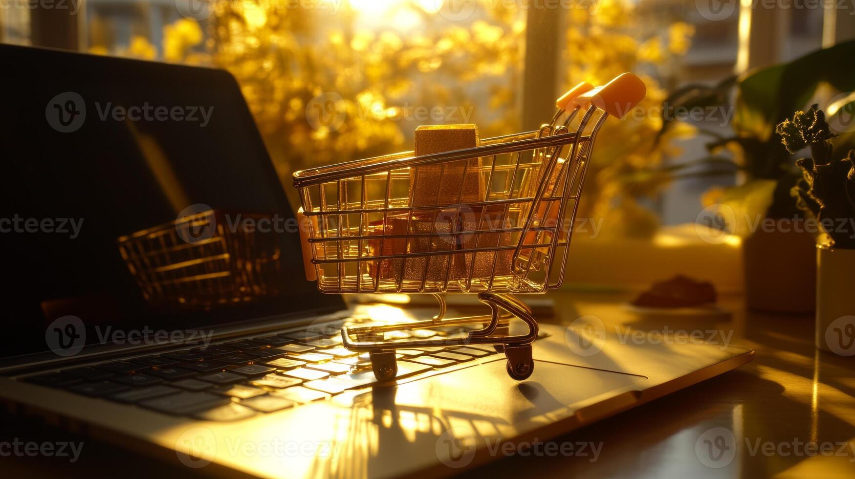 Shopping cart filled with items on a laptop during sunset in a cozy workspace photo