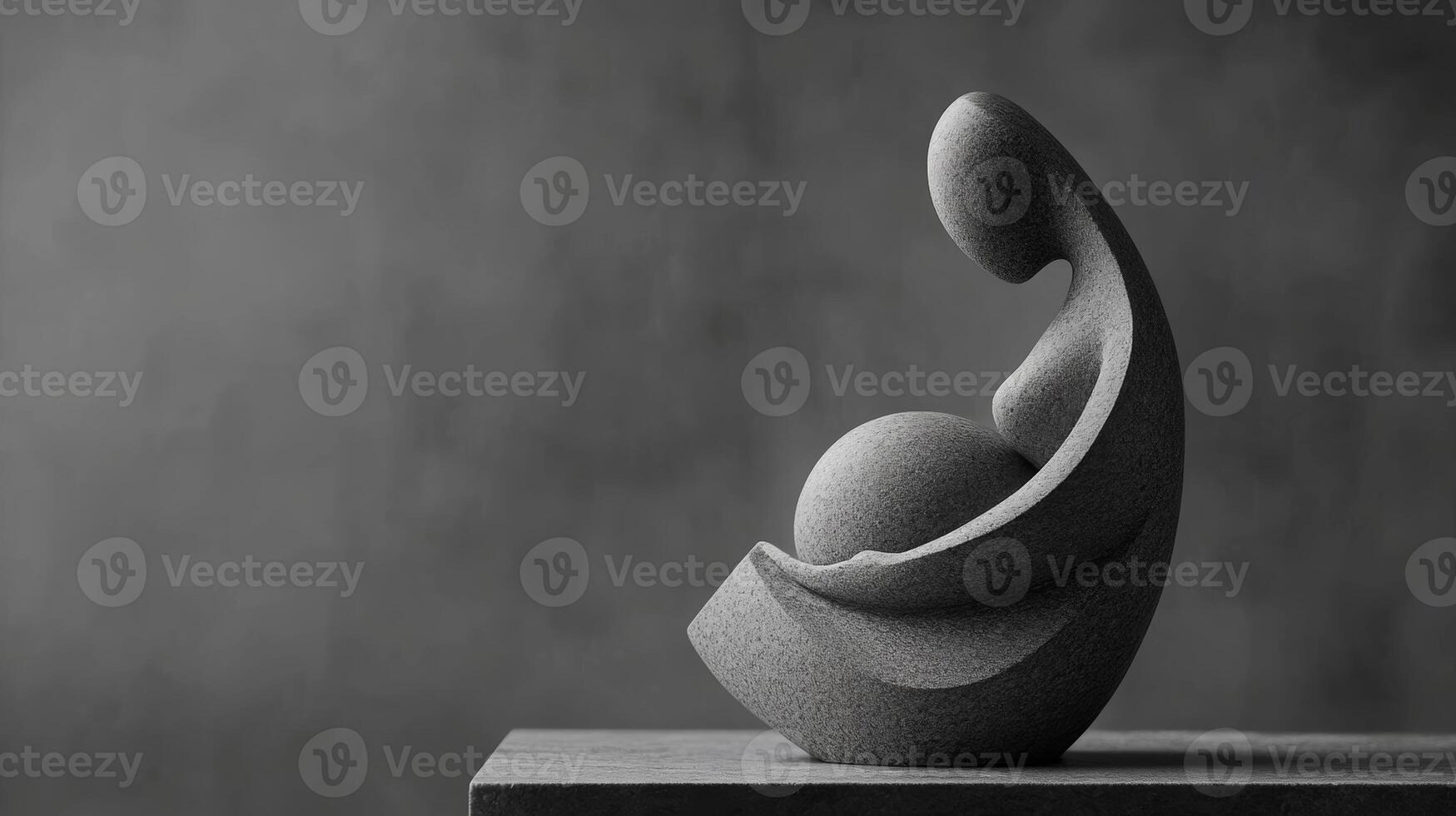 Abstract sculpture of a nurturing figure embracing a sphere on a textured surface in soft lighting photo