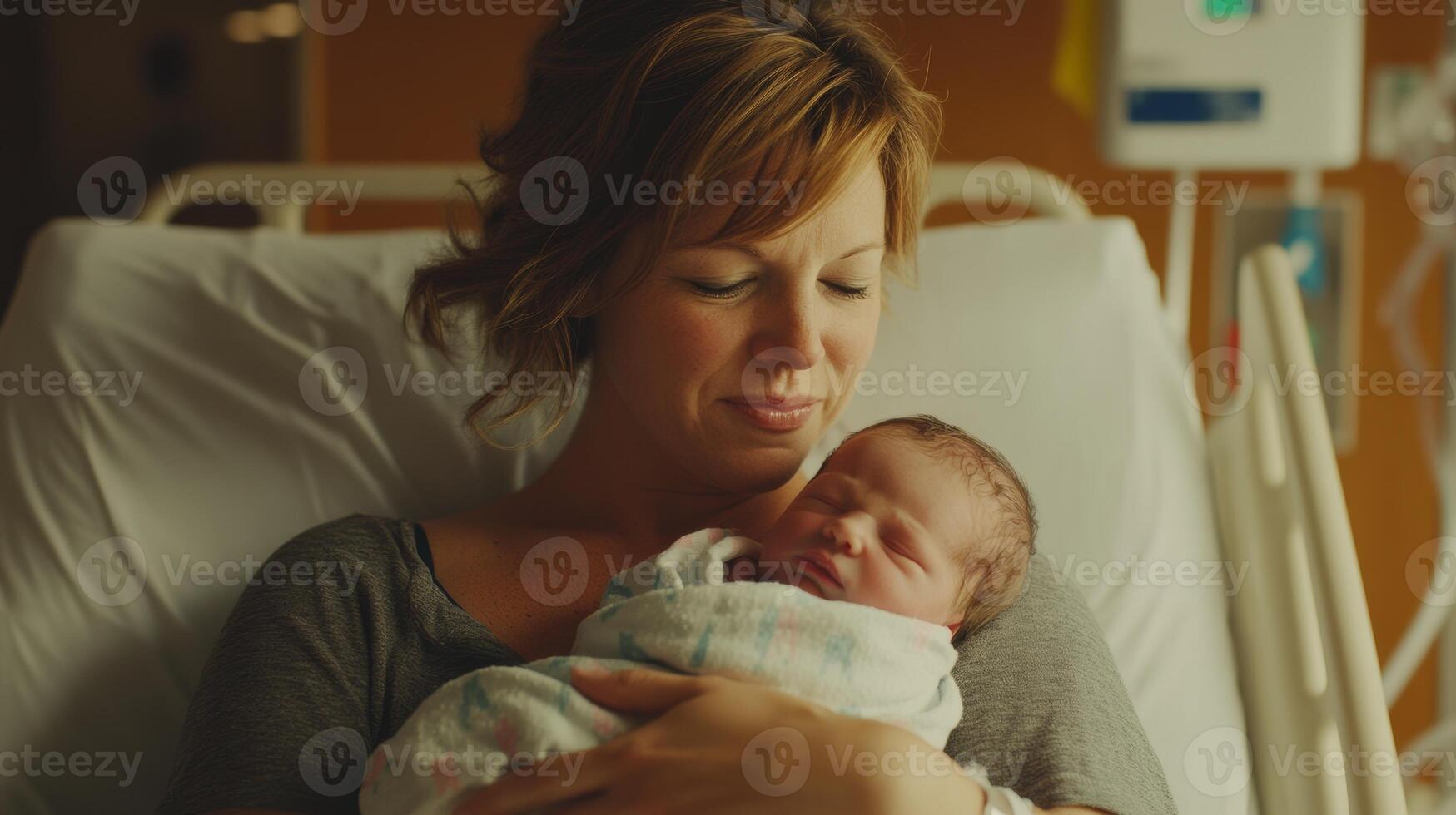 New mother cherishes first moments with newborn in hospital room photo