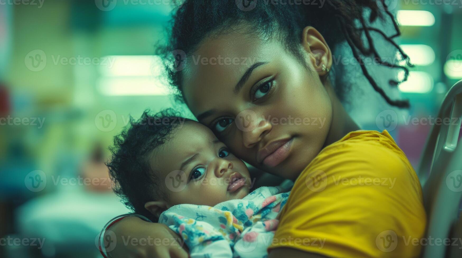 Mother holding baby in hospital setting during evening photo