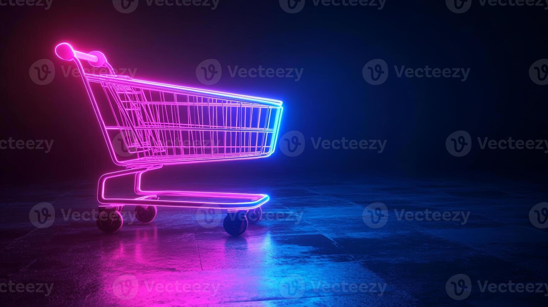 Neon shopping cart illuminated in vibrant pink and blue colors set against a dark background photo
