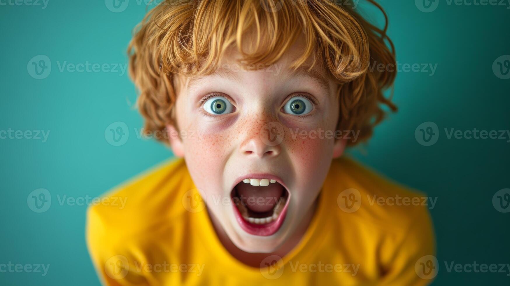 Excited child expressing joy with wide eyes and open mouth against a vibrant teal background in a playful indoor setting photo
