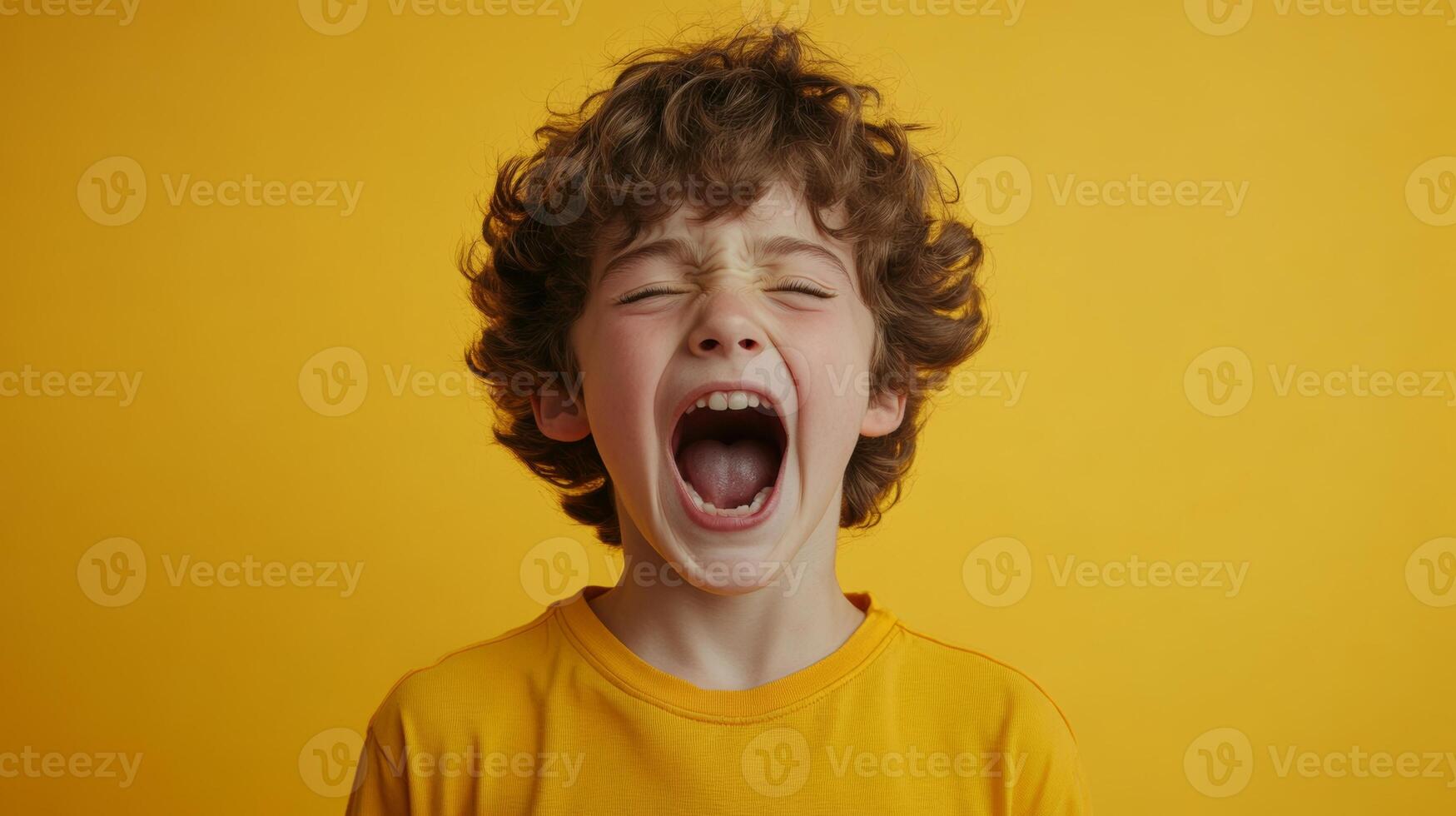 Child with curly hair expressing strong emotions against a bright yellow background during daytime photo