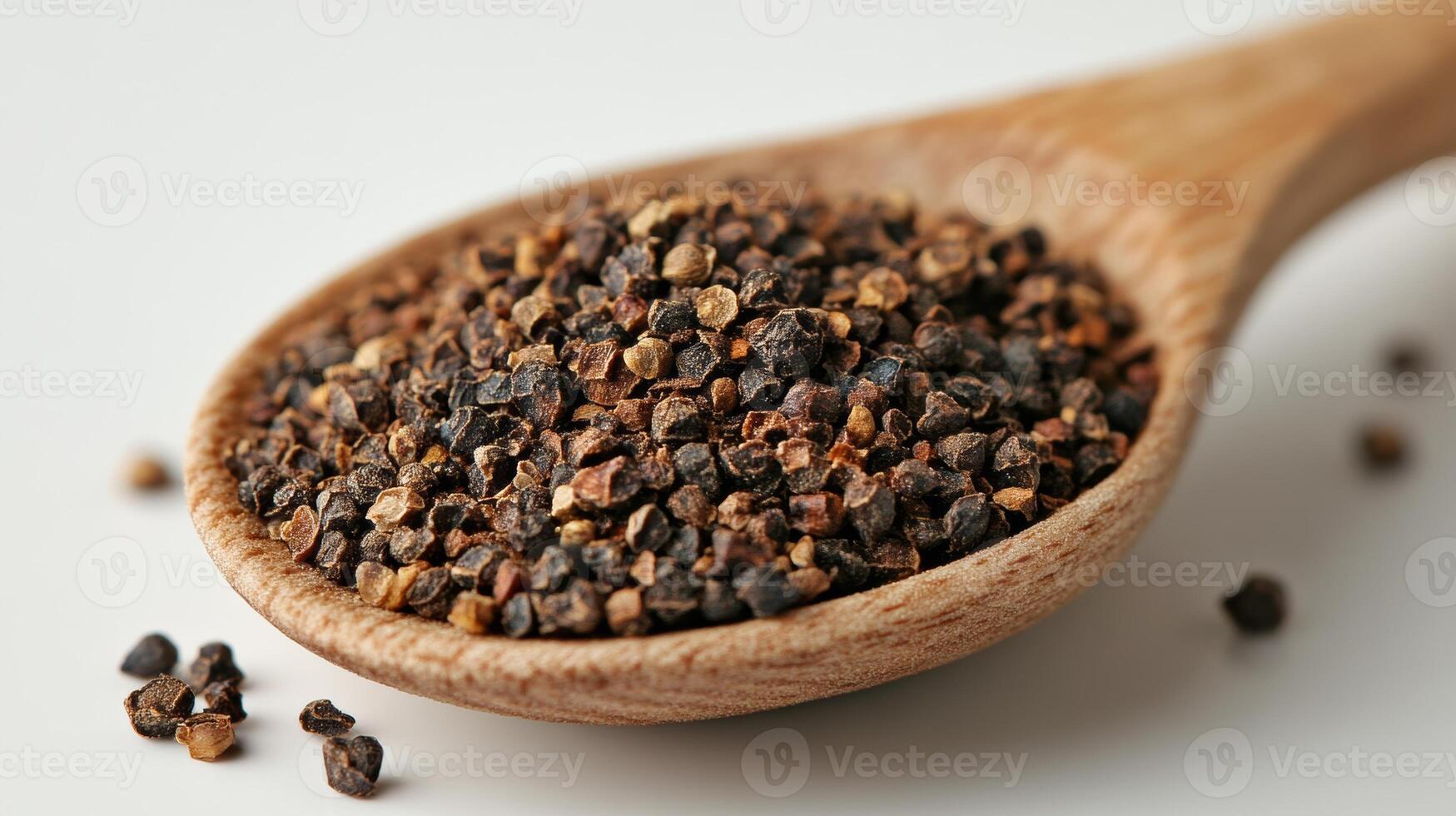 Dark brown spice seeds in a wooden spoon on a plain background showcasing their texture and appearance photo