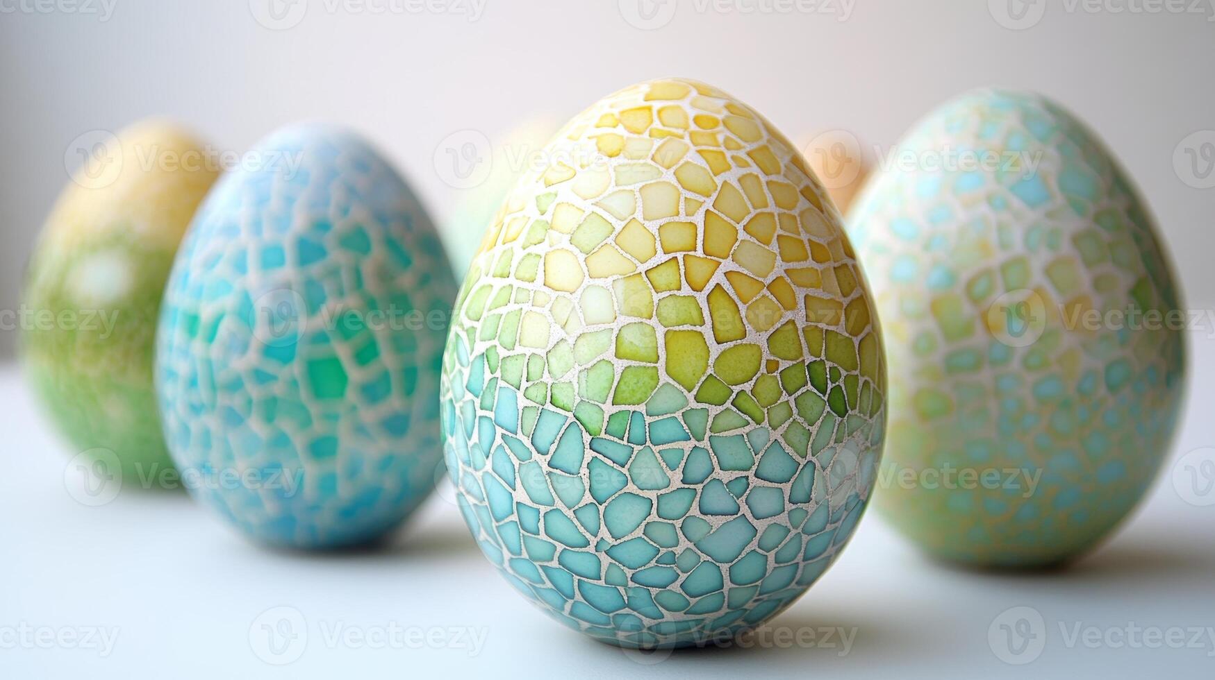 Colorful mosaic eggs arranged in a line showcasing intricate patterns and vibrant hues during a seasonal celebration photo