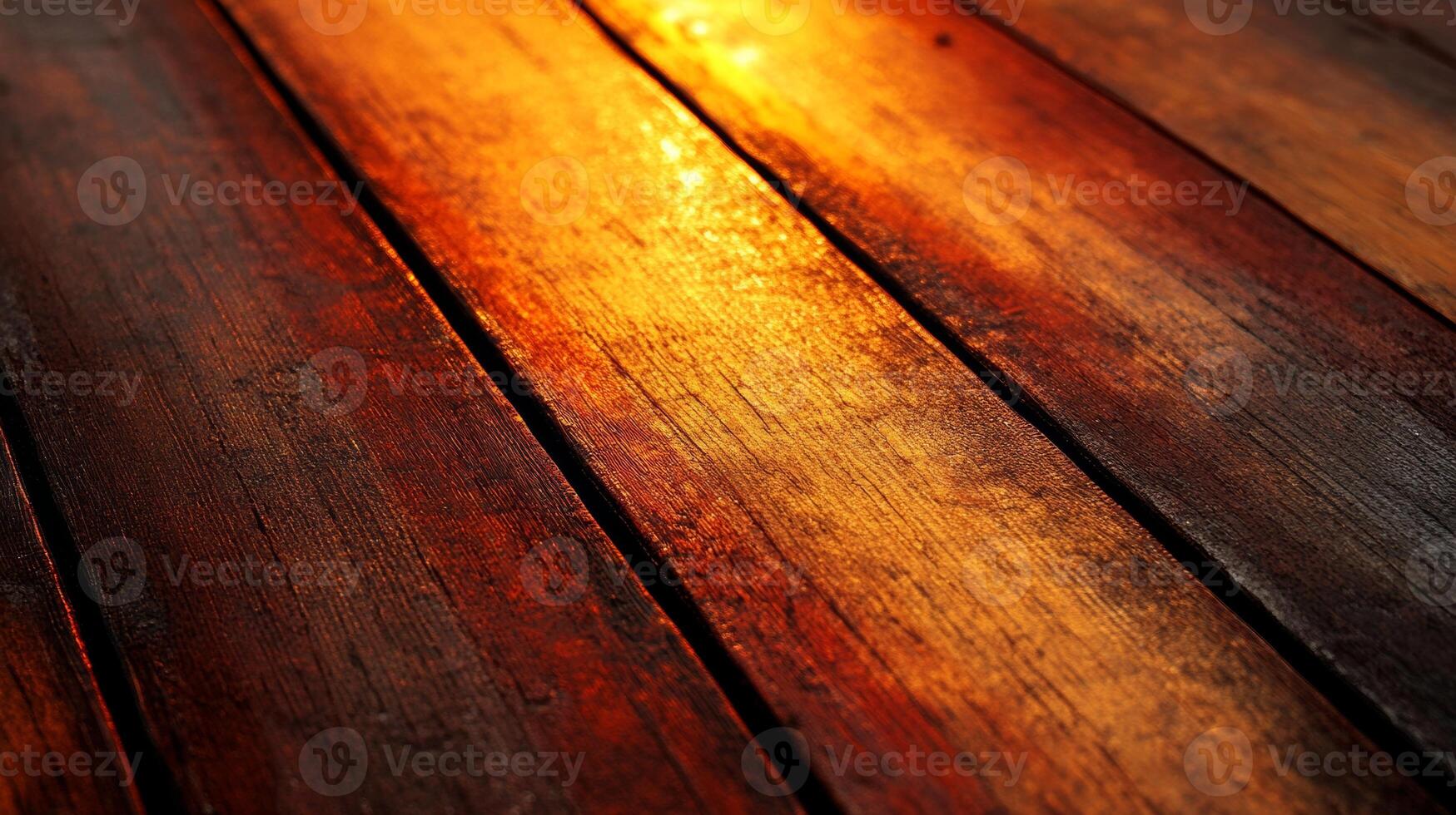Sunset glow reflecting on weathered wooden planks creates a warm and inviting atmosphere in the evening light photo