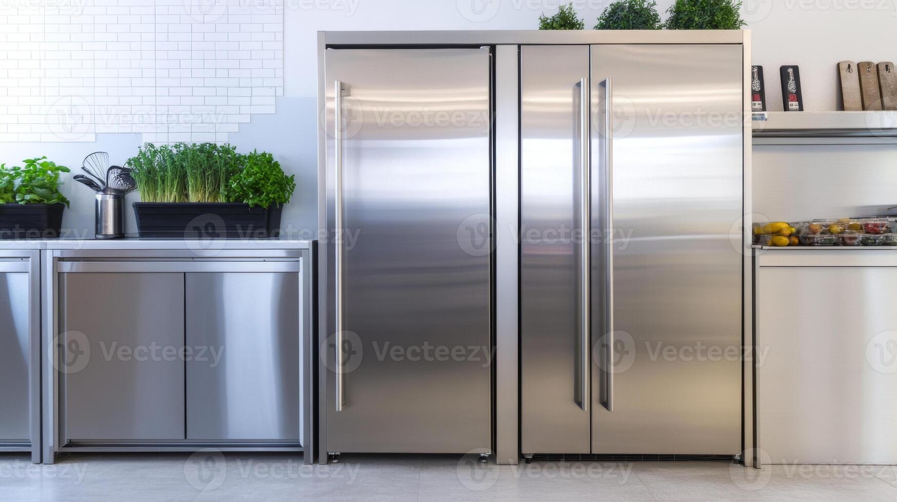 Modern kitchen featuring stainless steel refrigerators and fresh produce in an organized space photo