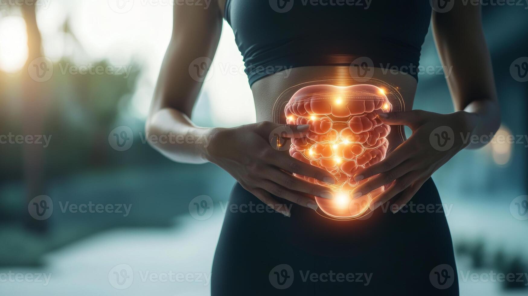 Woman holding her abdomen with illuminated digestive system visualization in a tranquil outdoor setting during dusk photo