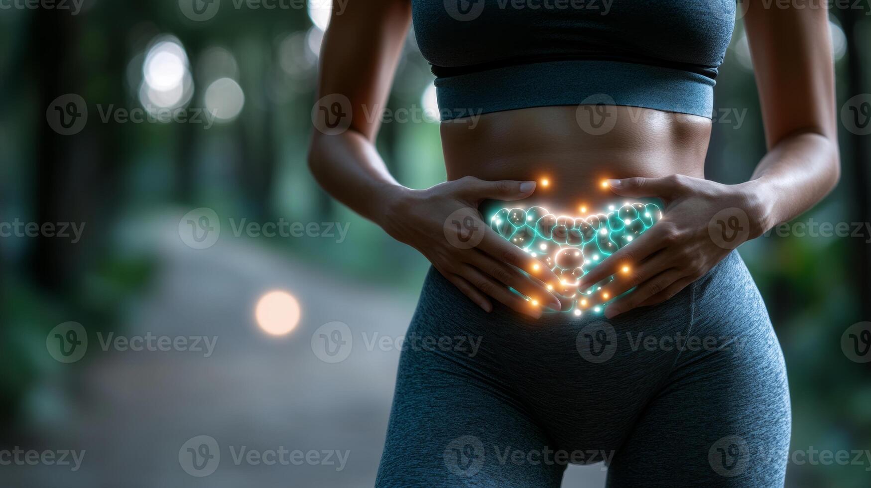 Person practicing mindfulness in nature while focusing on abdominal health at dusk photo