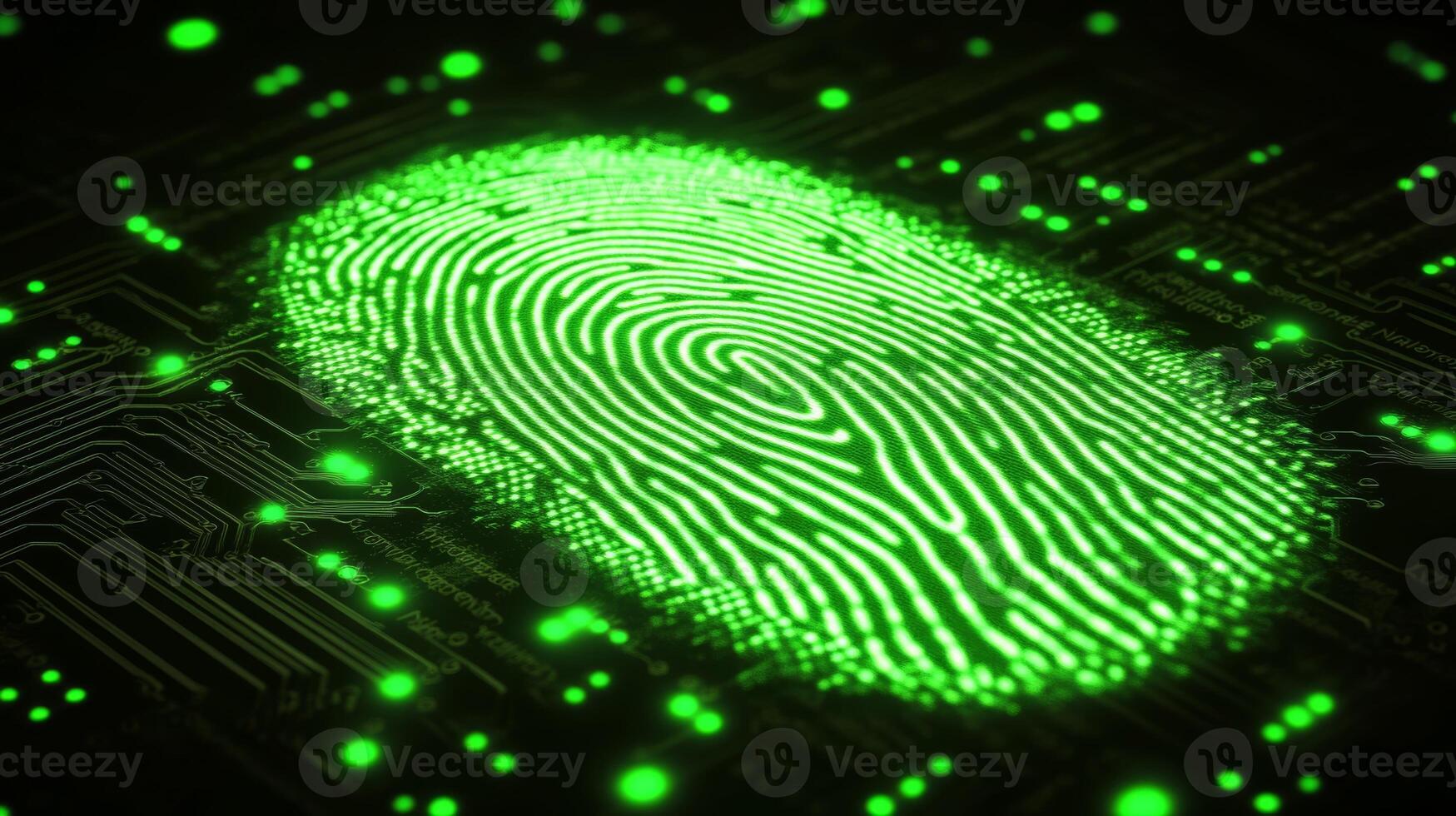 Digital fingerprint glowing on a circuit board pattern illustrating cybersecurity technology and biometric authentication concepts photo
