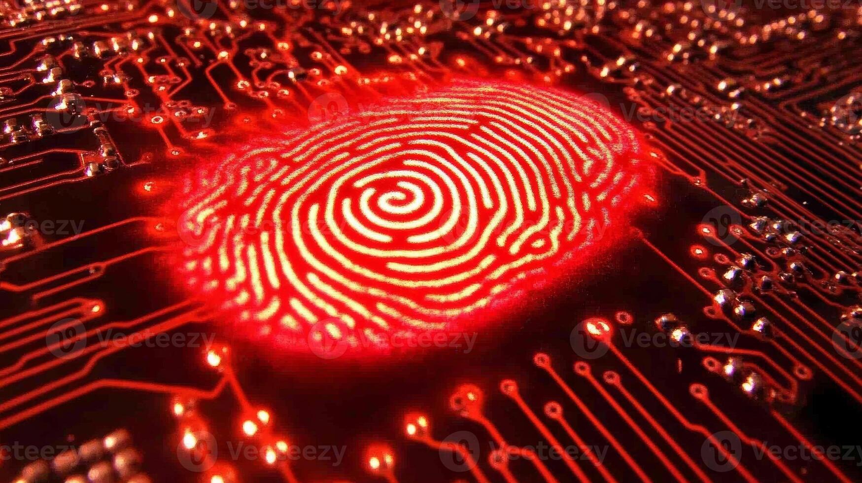 Digital fingerprint on a circuit board illuminated with red light showcasing unique patterns and electronic connections photo