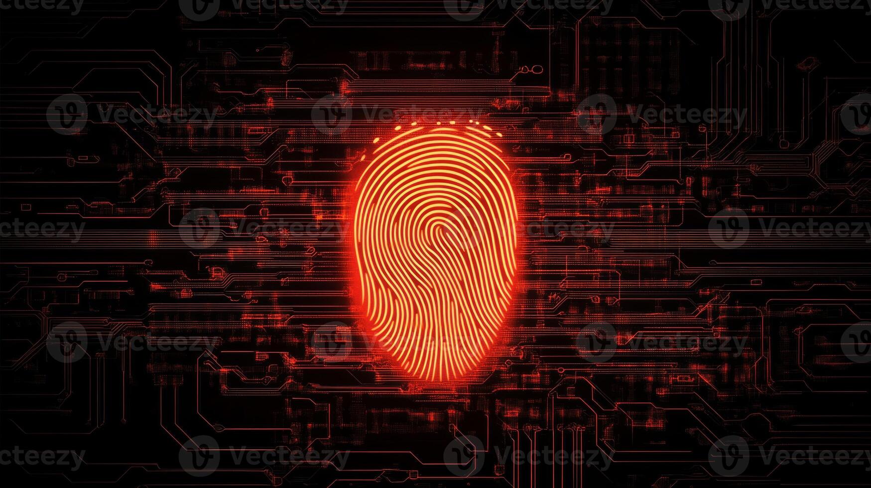 Digital fingerprint glowing against a backdrop of complex circuit patterns and technology elements at night photo