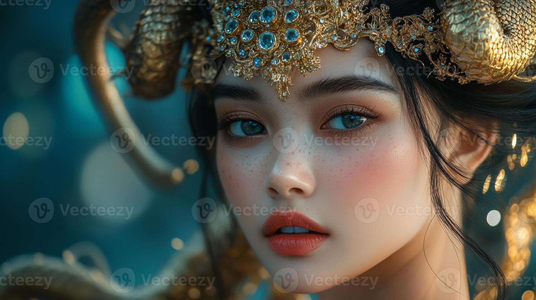 Captivating portrait of a woman with ornate headdress in a mystical setting during golden hour photo