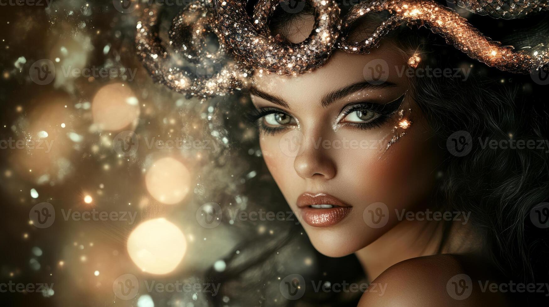 Enchanting portrait of a woman with intricate snake-inspired hair and captivating eyes in a mystical setting photo