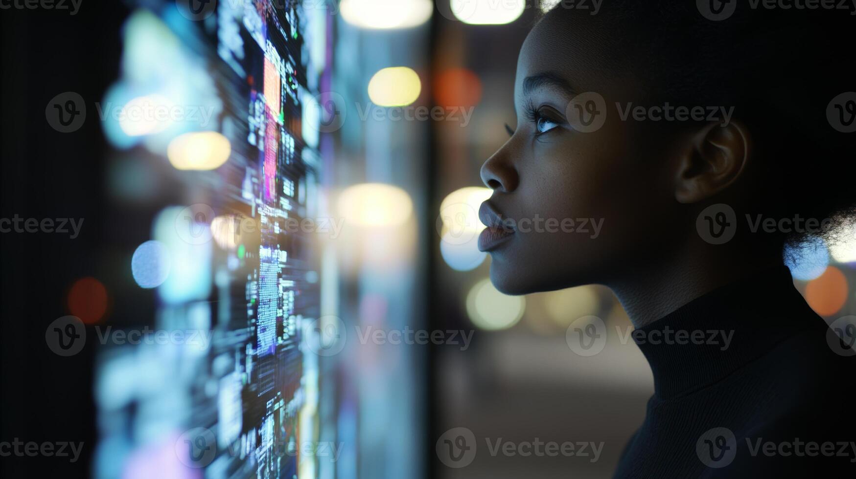 Young girl focuses intently on digital display in urban setting at night while exploring technology photo