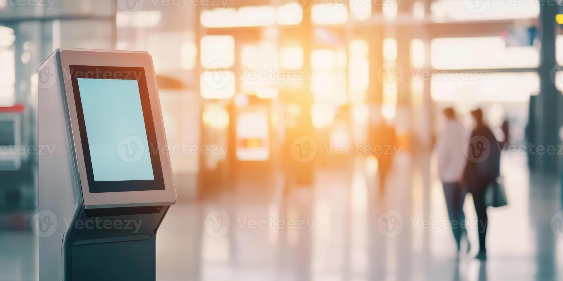 Kiosk in an airport terminal during the early morning rush as travelers move through the space photo