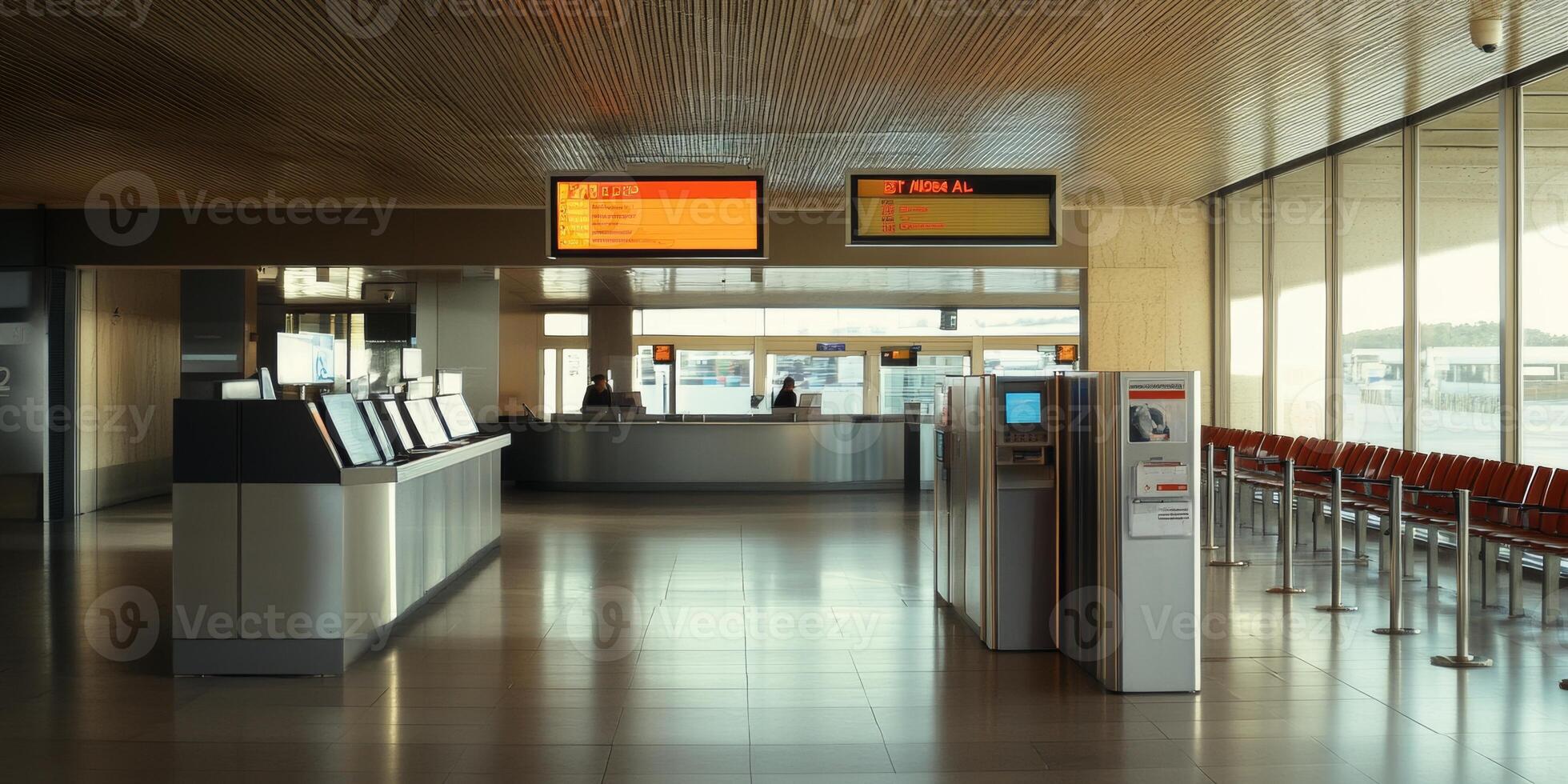 Calm airport terminal waiting area with check-in counters and electronic displays during the early morning hours photo