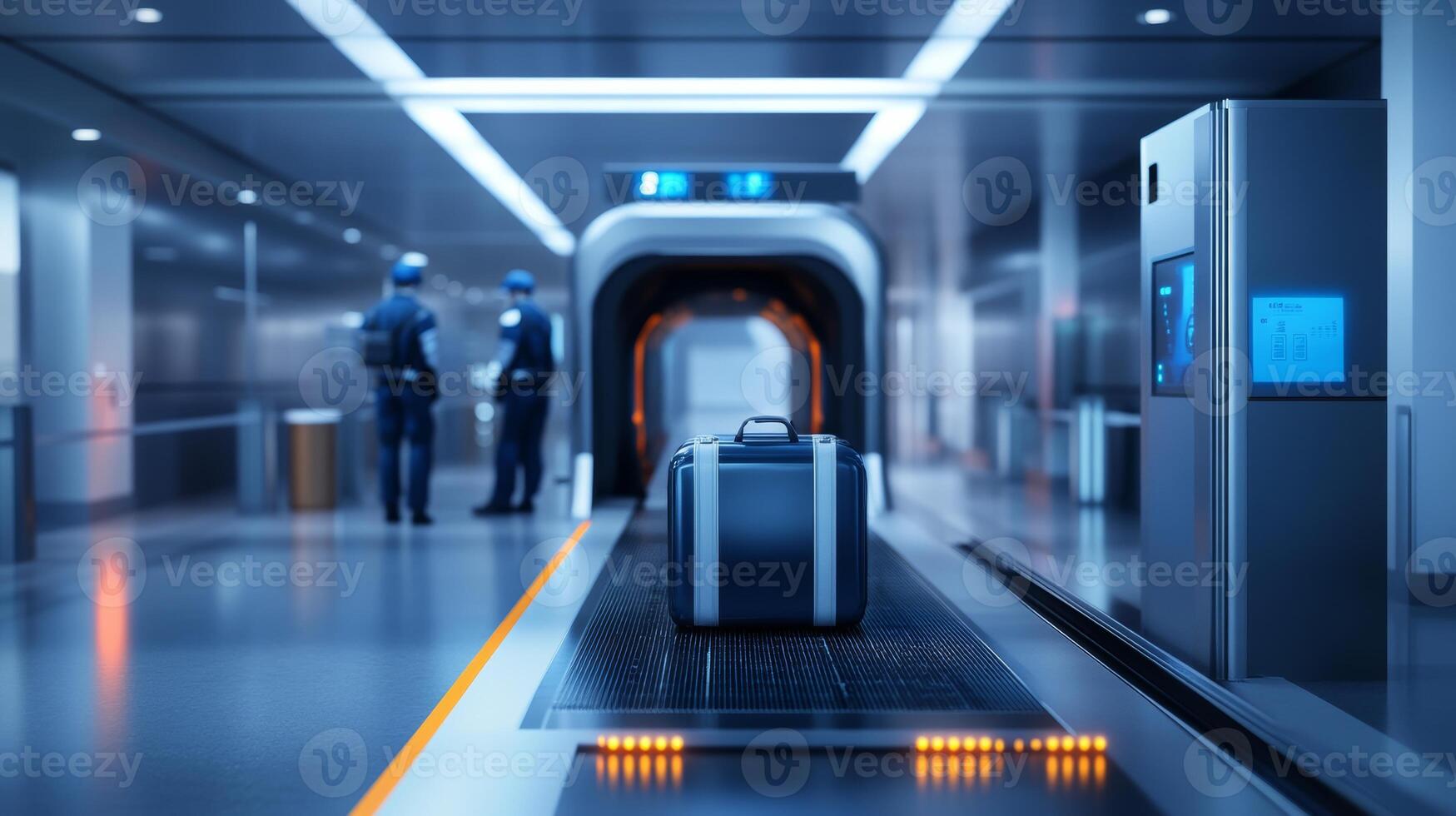 Security check at airport with luggage being scanned and officers monitoring the process photo