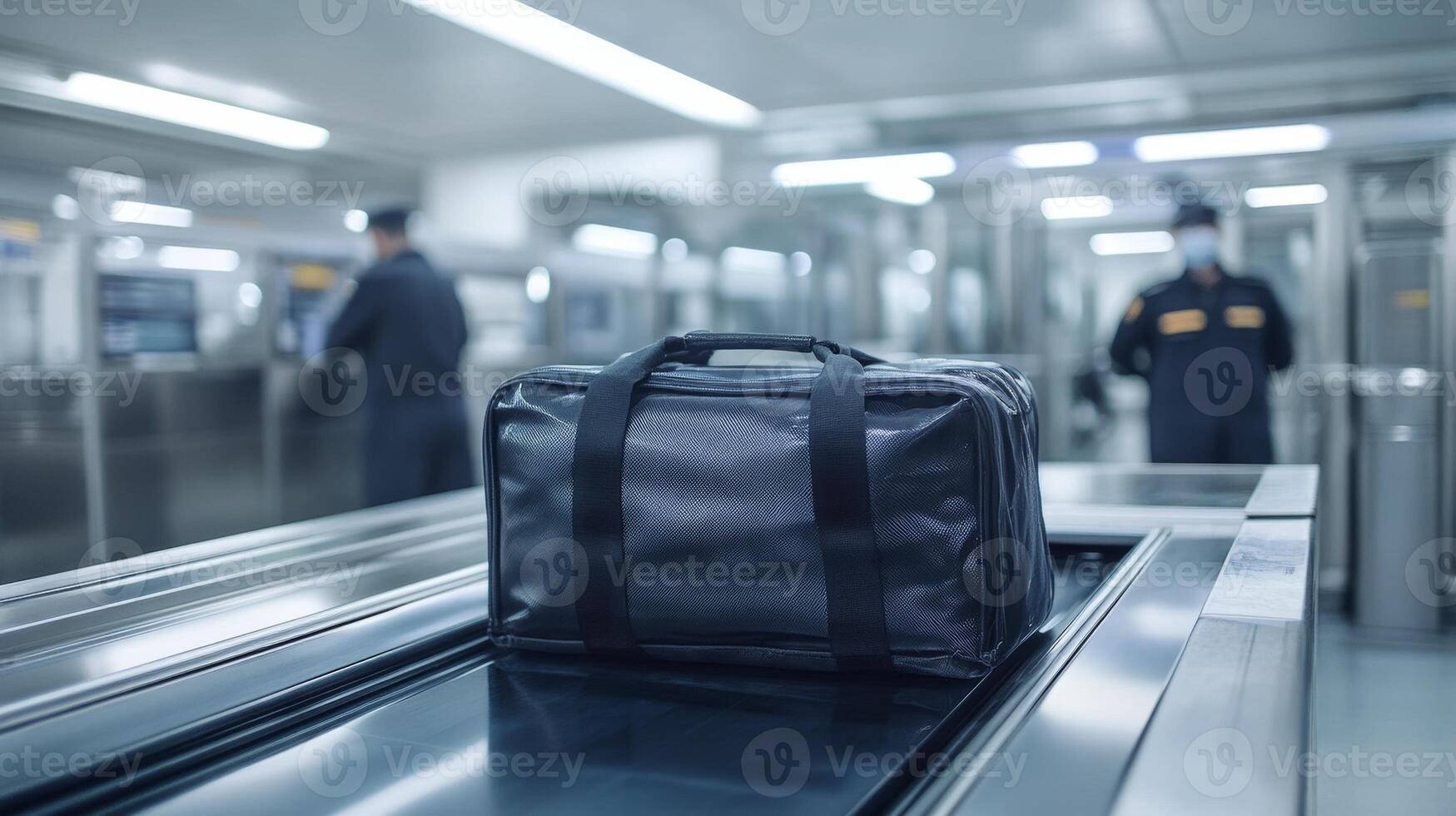 Black bag left on security conveyor belt in busy transportation terminal during rush hour photo