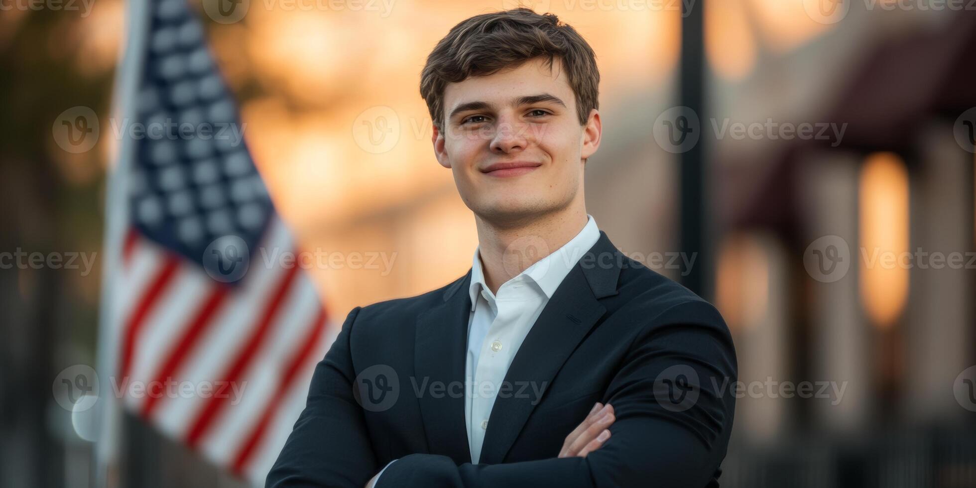 Man in suit stands confidently with arms crossed in front of American flag during sunset photo