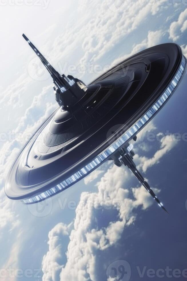 Advanced spacecraft hovers above clouds in distant future environment showcasing sleek design and technology photo