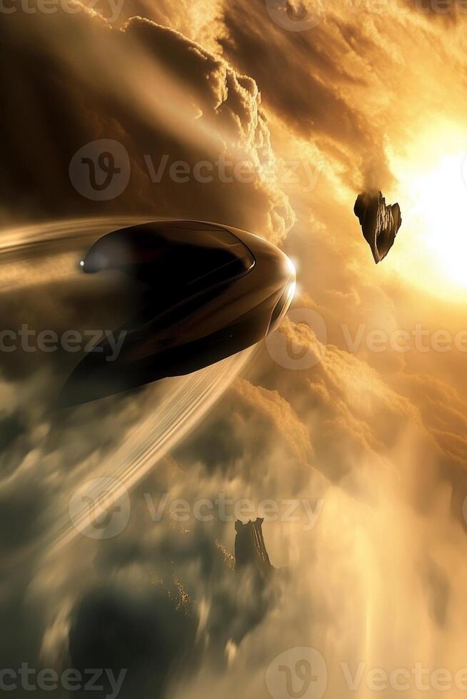 Spaceship traveling through clouds towards a bright celestial body in a distant galaxy during cosmic twilight photo