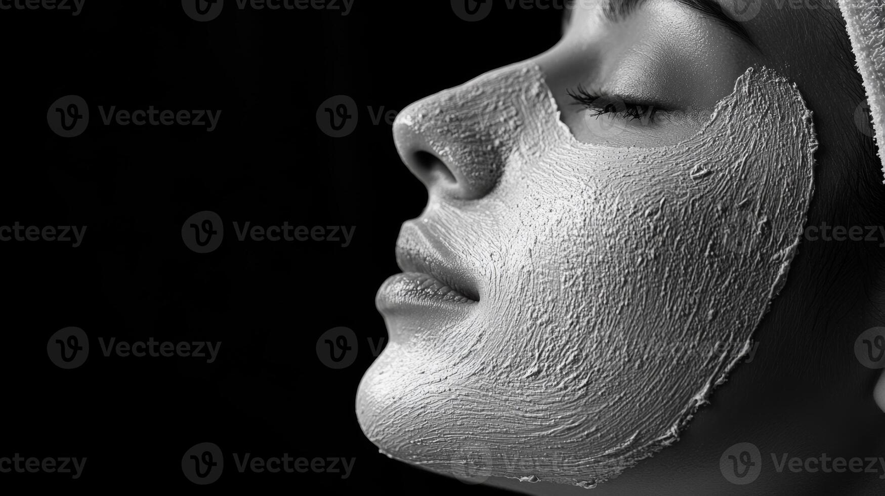 Woman enjoying a facial mask treatment in a serene black and white setting for relaxation and beauty care photo