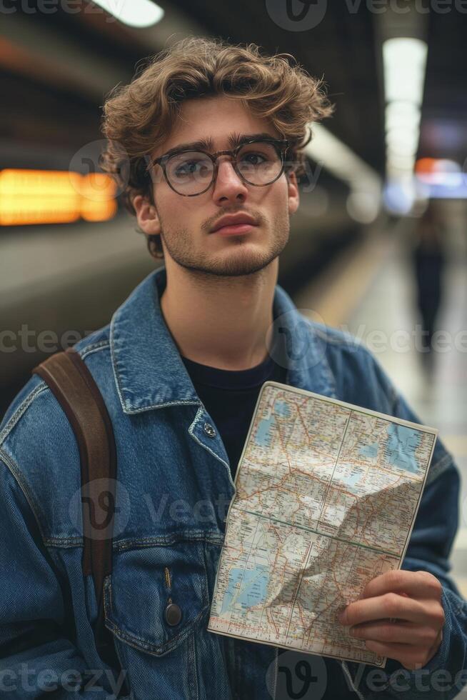 Young traveler holding a map in a busy urban train station while looking for directions photo